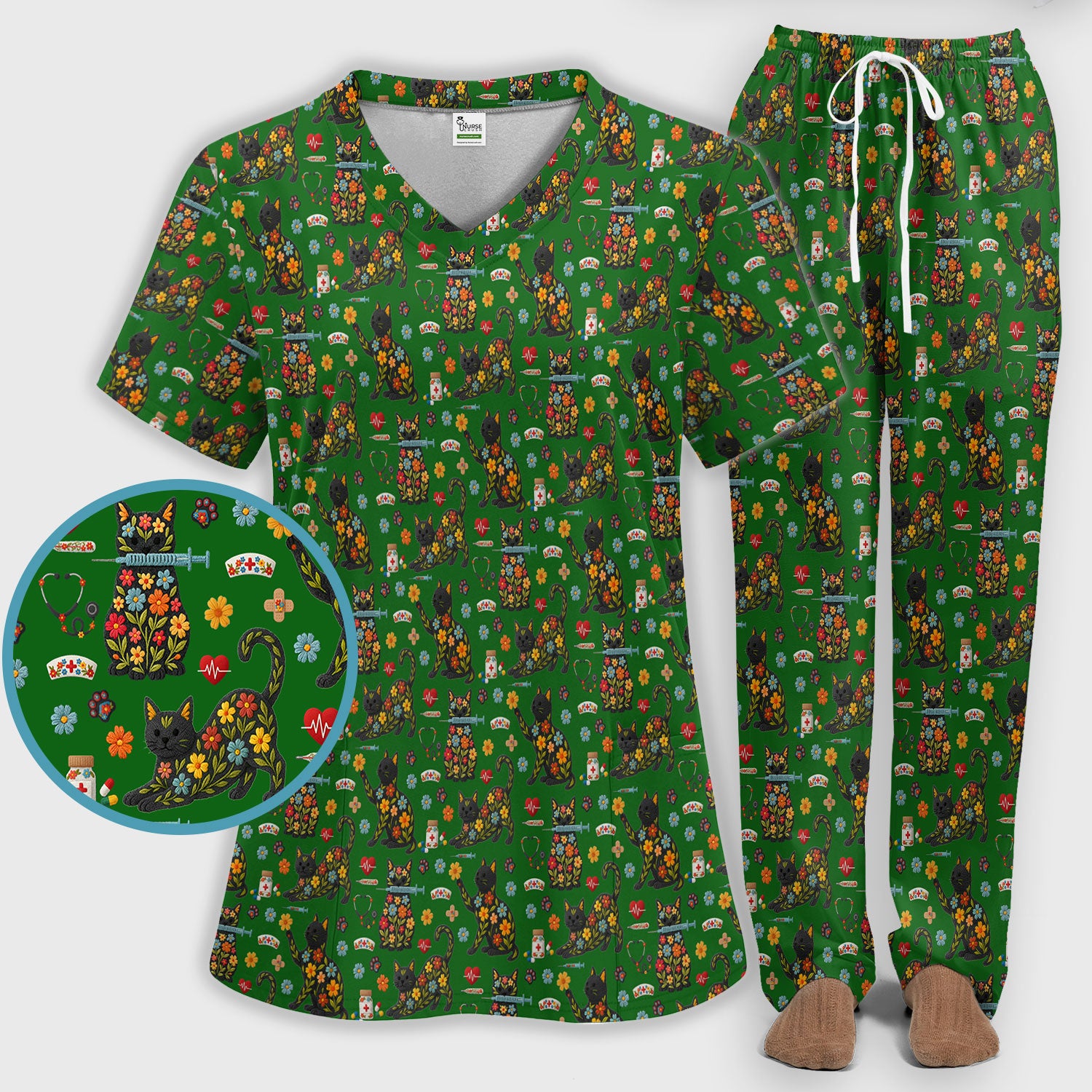 Floral Black Cat Pattern Scrub Set, Cute Cat Nurse Scrub Shirt, Medical Nursing Uniform
