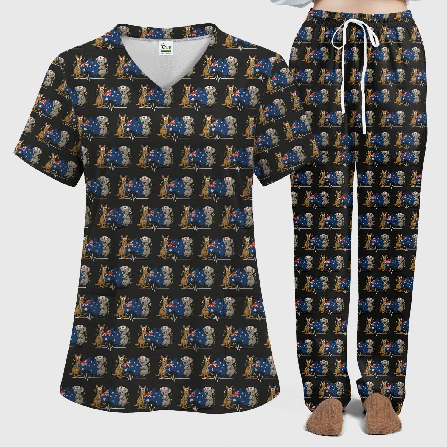 Australian Nurse Scrub Set, Cute Koala Kangaroo Heartbeat Pattern Shirt,  Breathable Fabrics Nursing Uniform