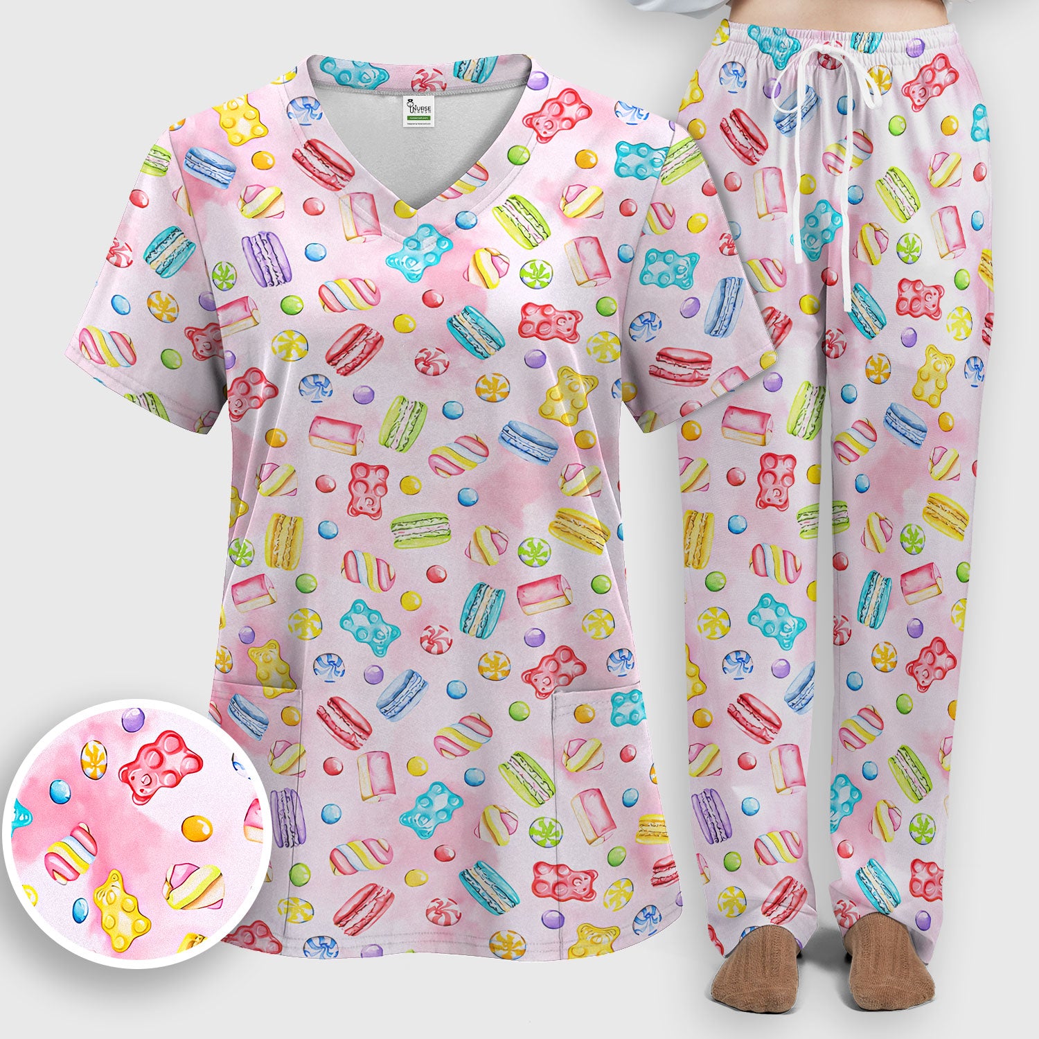 Cute Candy and Macaron Pattern Medical Scrub Set, Scrub Pants and V Neck Top