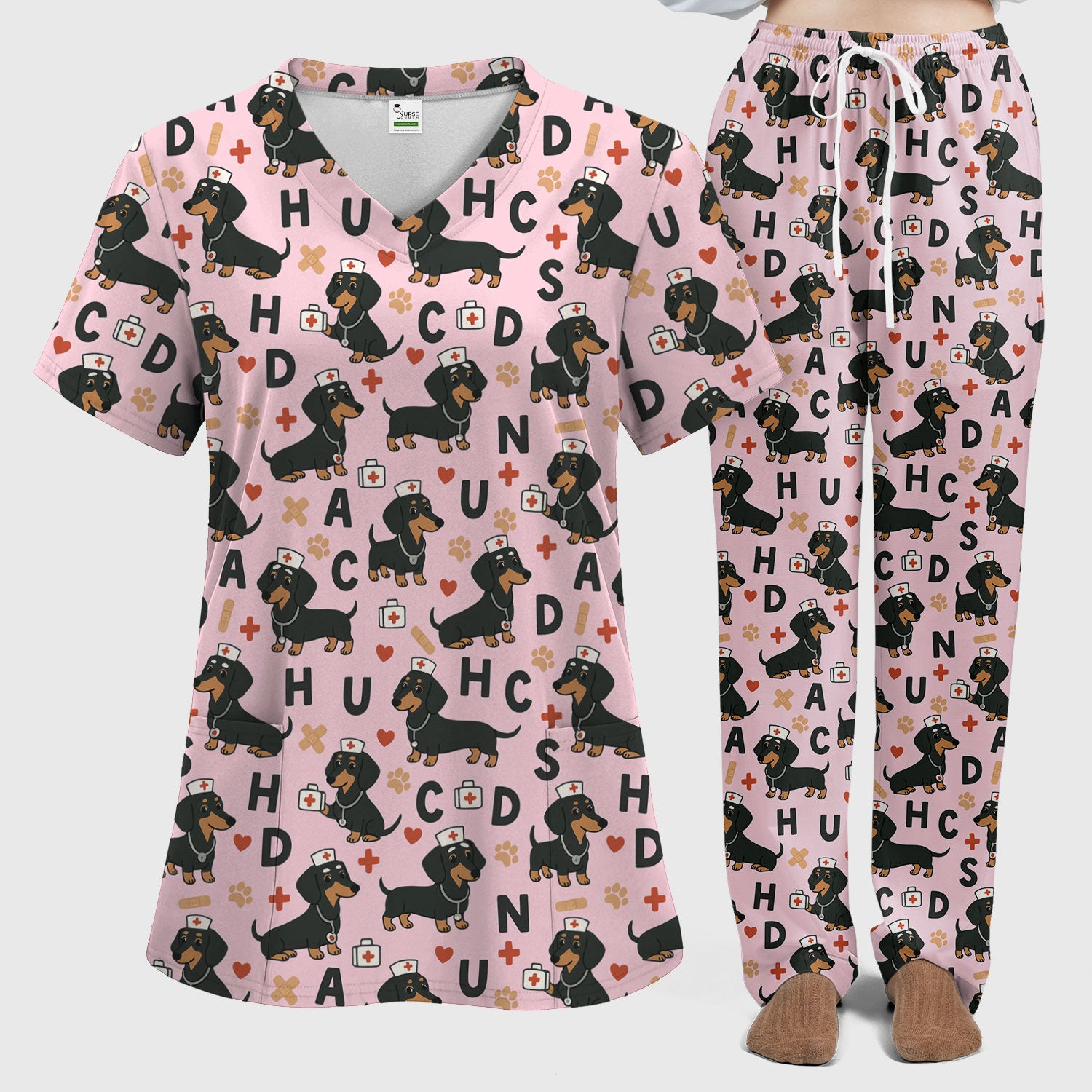 Dachshund Nurse Scrub Set for Women - Cute Sausage Dog Pattern Scrubs Top and Pants - Funny Animal Print Gift for RN LPN CNA