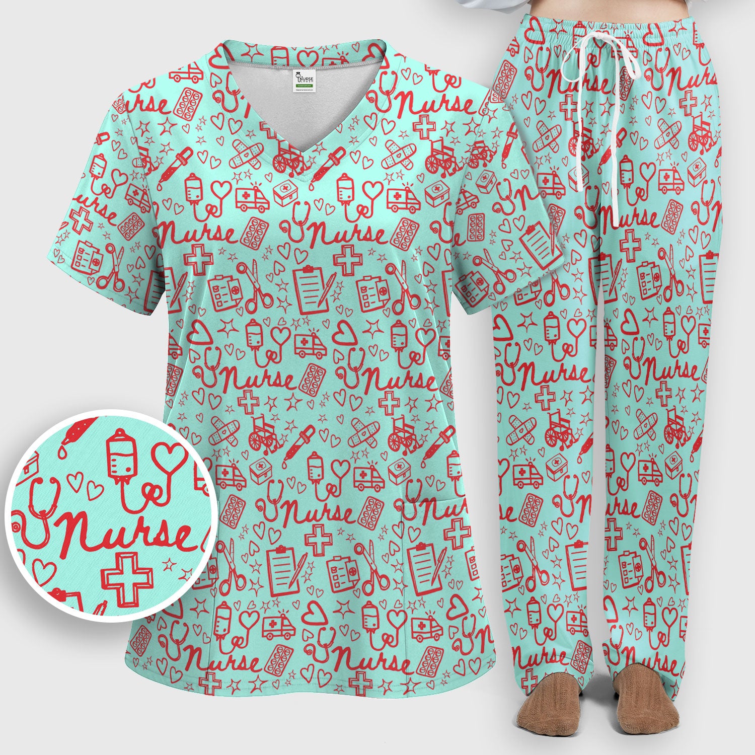 Cute Nurse Heart Medical Pattern Scrub Set, Breathable Med Uniform