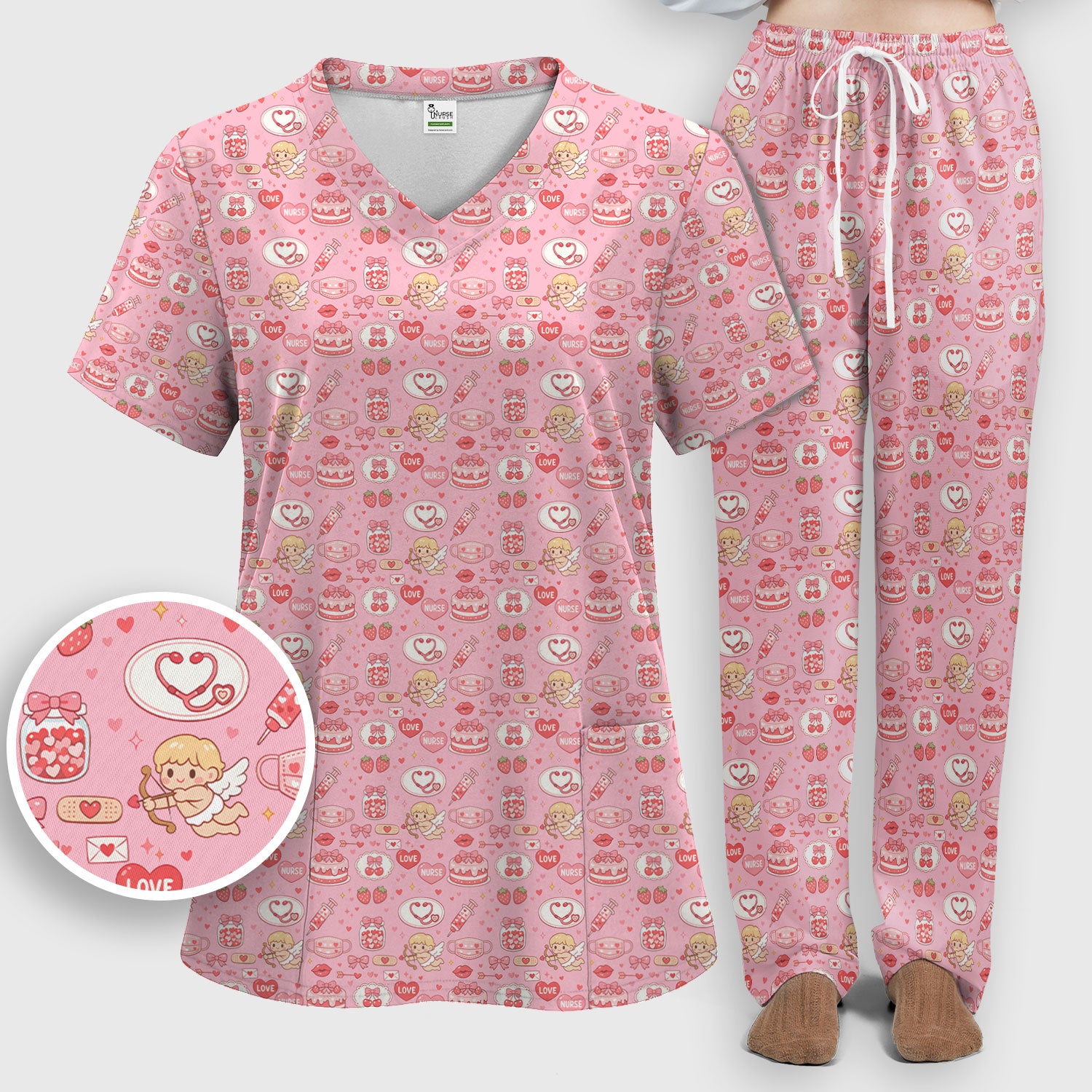 Cupid Nurse Scrub Set, Cute Love Medical Pattern Shirt For Valentine, Breathable Fabrics Nursing Uniform