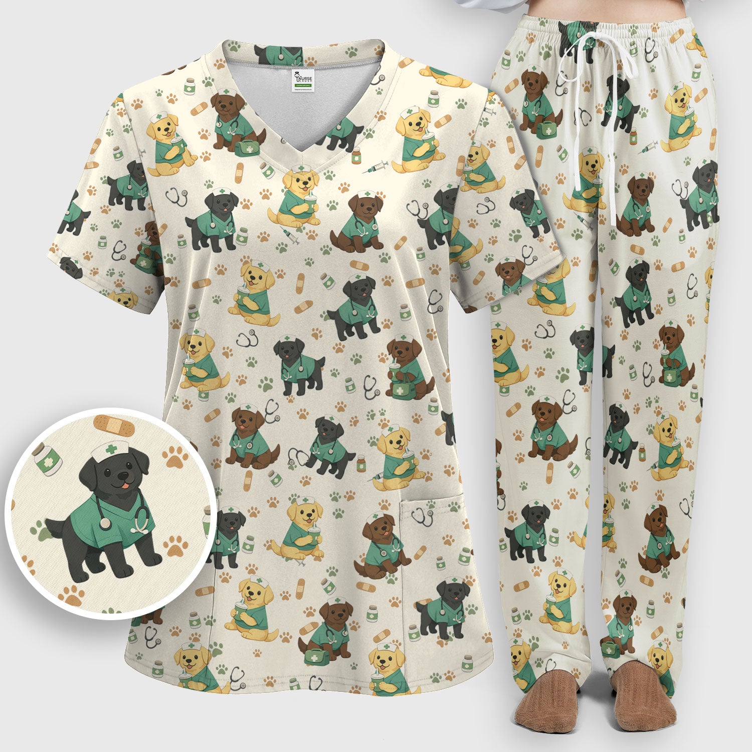 Labrador Retriever Nurse Scrub Set, Cute Medical Dog Pattern Nurses Shirt, Breathable Fabrics Nursing Uniform