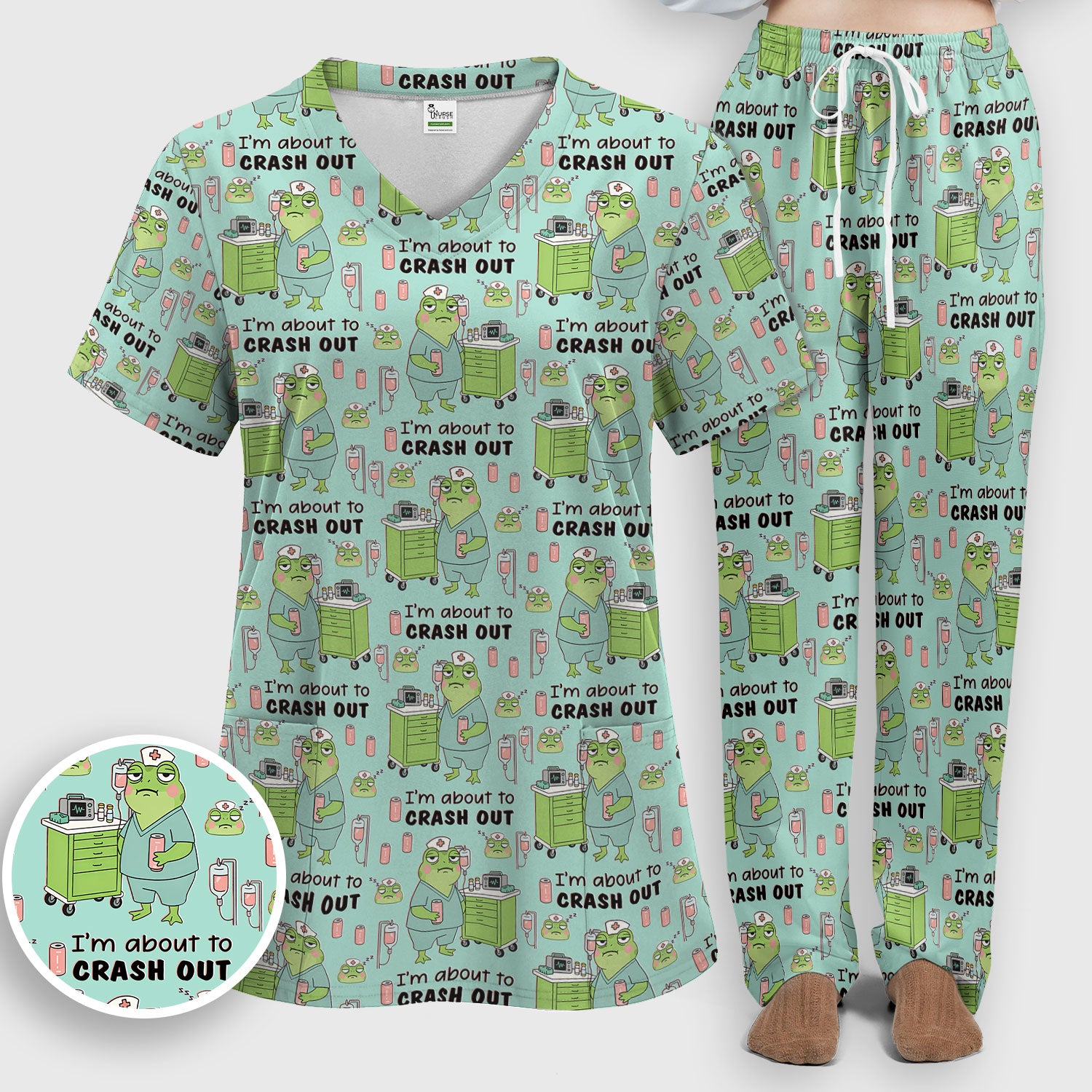 Funny Frog Pattern Nurse Scrub Set, I’m About to Crash Out Nurse Shirt, Breathable Fabrics Nursing Uniform