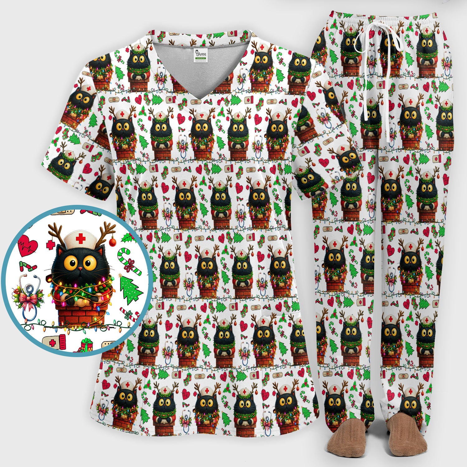 Christmas Black Cat Scrub Set for Nurse - Cute Reindeer Cat with Xmas Lights Pants and V Neck Top - Festive Holiday Medical Uniform
