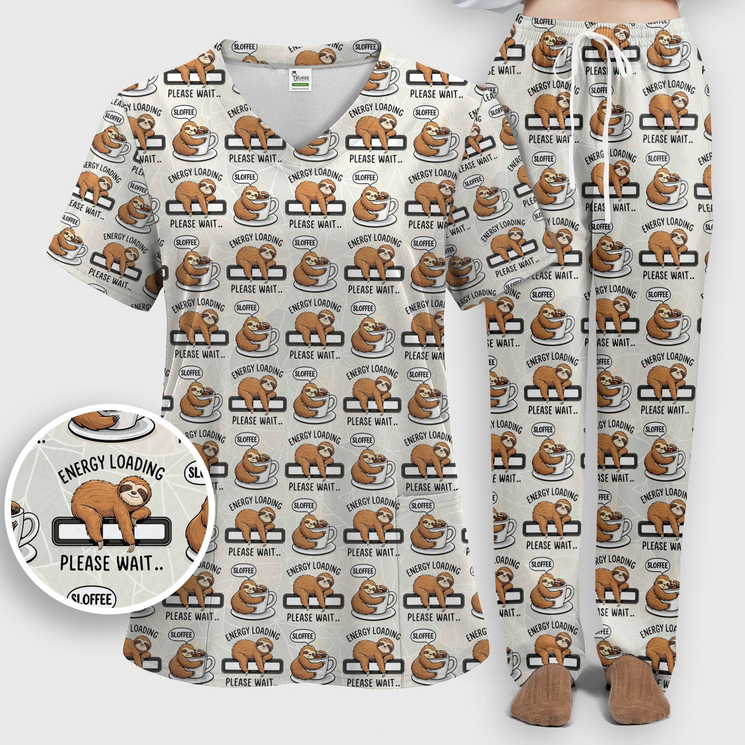 Funny Sloth Coffee Energy Loading Pattern Scrubs Sets, Scrub Pants and V Neck Top