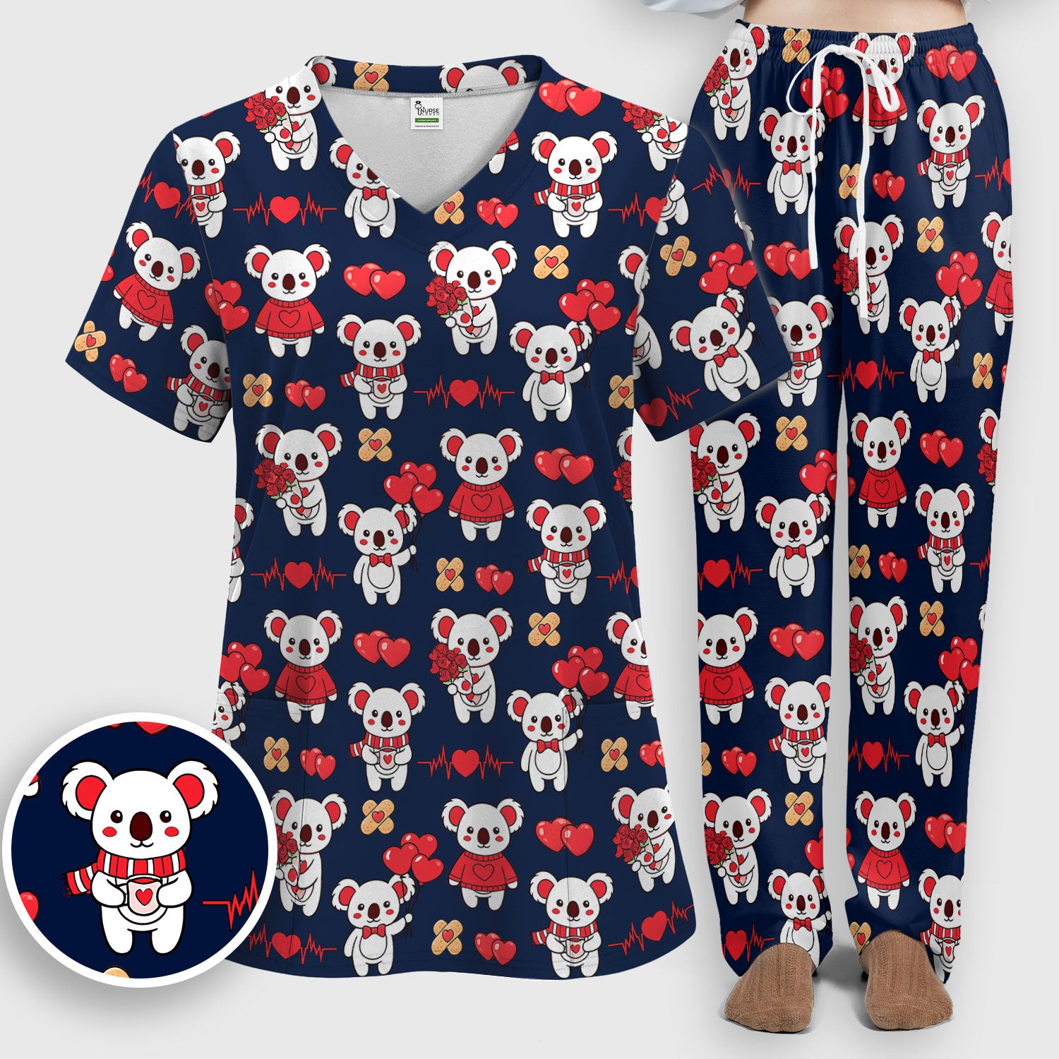 Sweet Koala Valentine Medical Design Scrub Set, Breathable Med Uniform