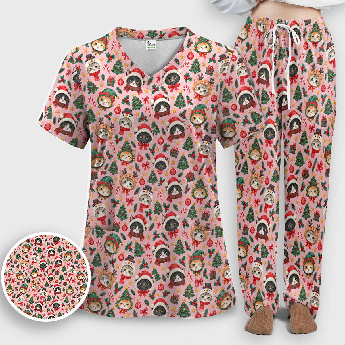 Christmas Cats And Trees Pattern Scrub Set, Scrub Pants and V Neck Top