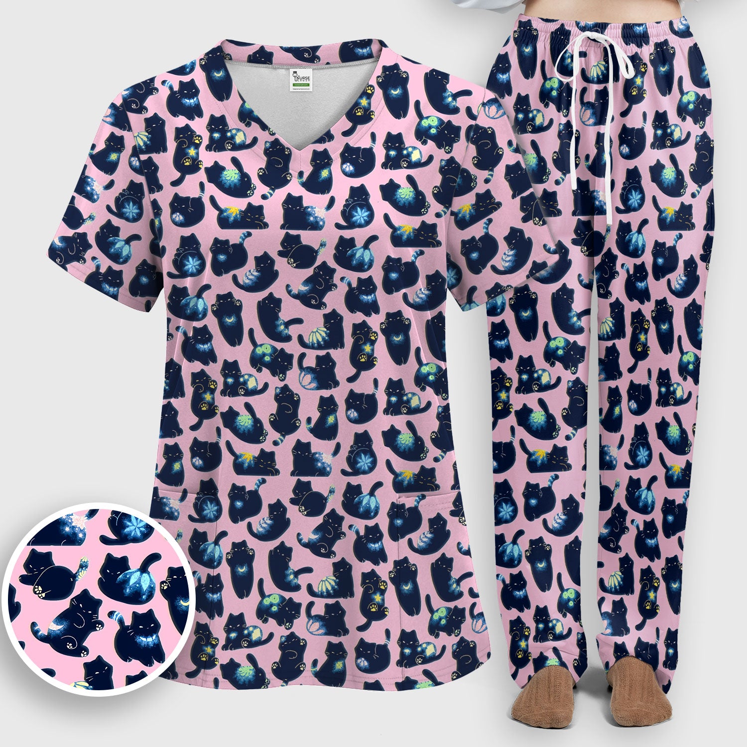 Midnight Cat Scrub Set, Black Cat Pattern Nurse Shirt, Breathable Fabrics Nursing Uniform