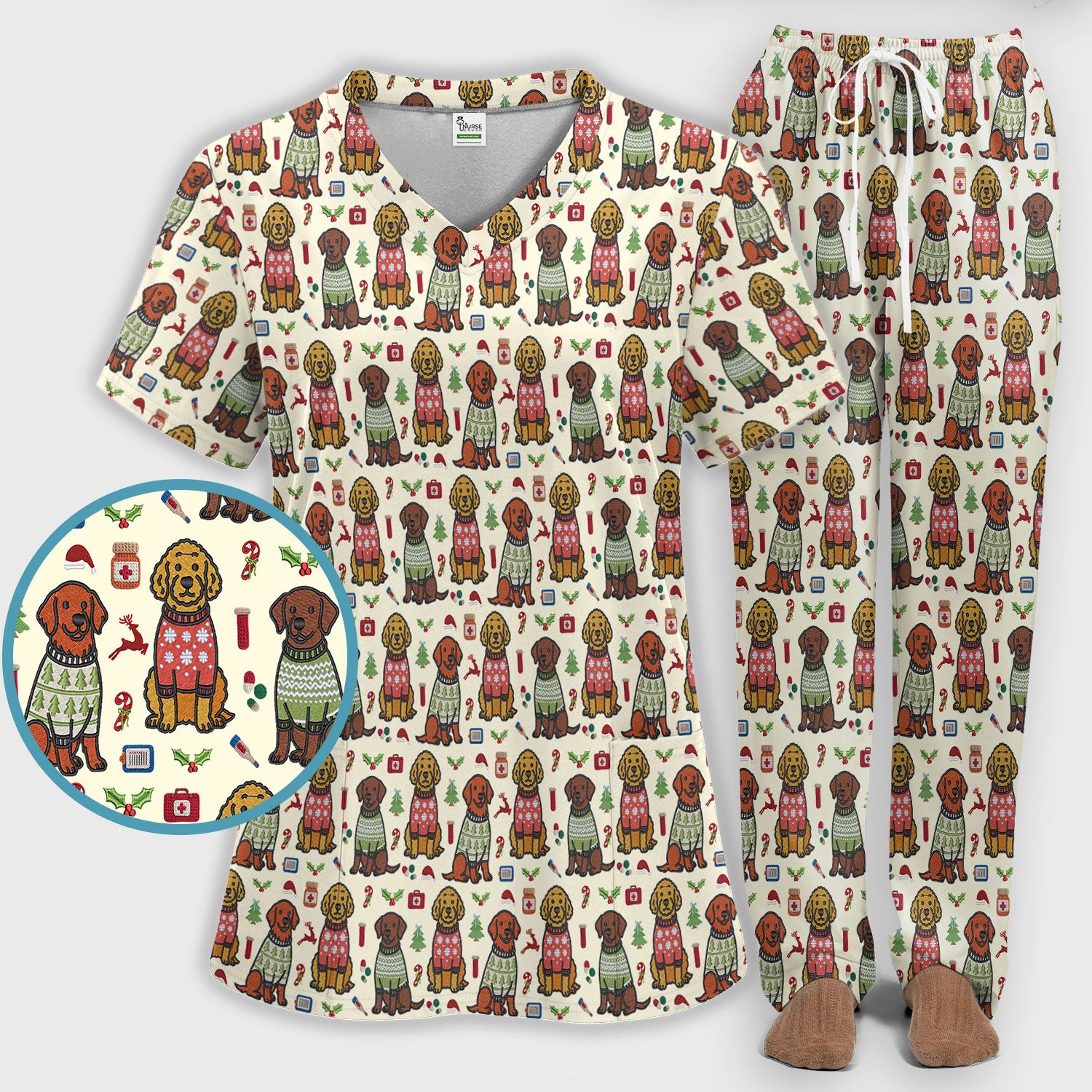 Golden Retriever Christmas Scrub Set, Cute Holiday Dog Nurse Pattern Shirt, Breathable Fabrics Nursing Uniform