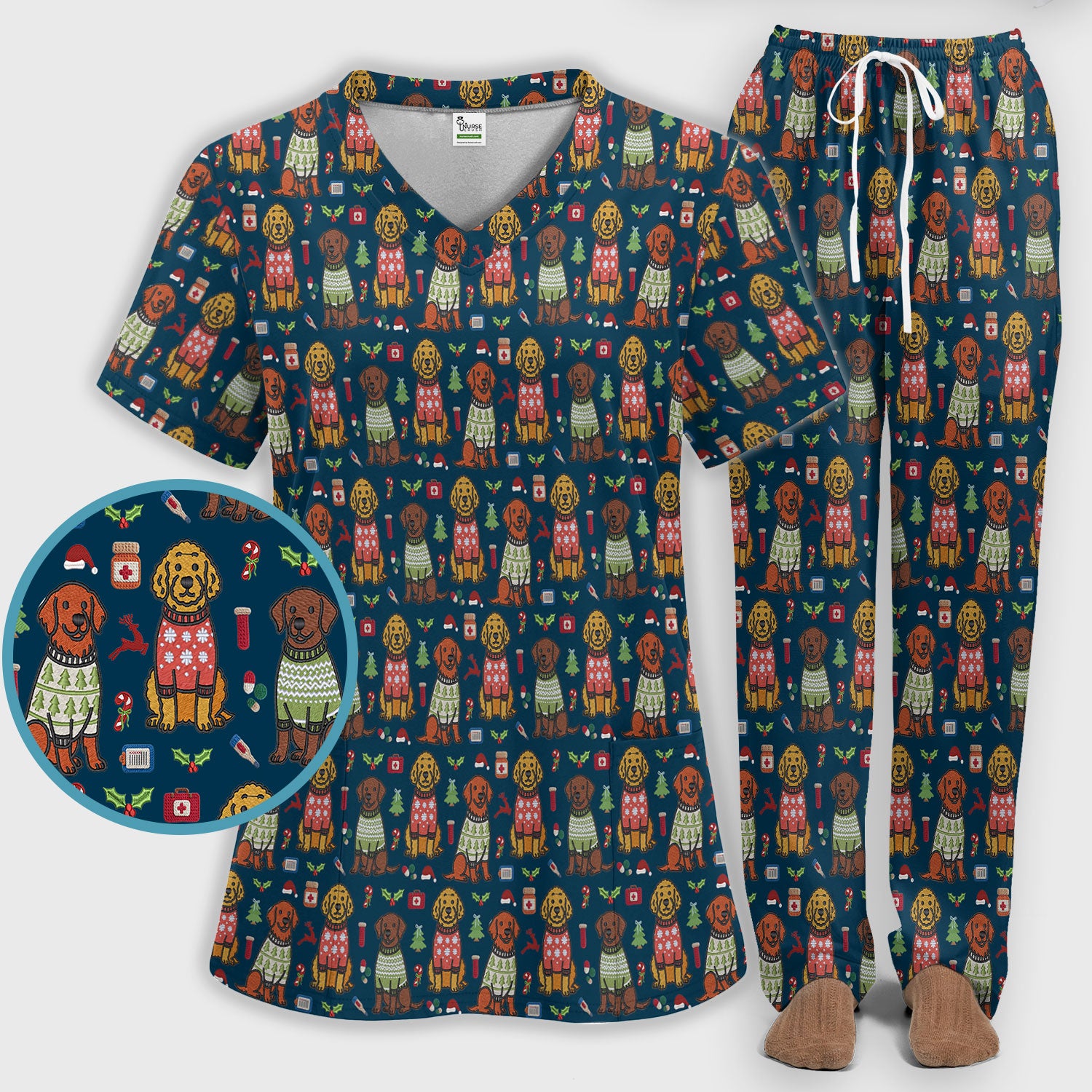Golden Retriever Christmas Scrub Set, Cute Holiday Dog Nurse Pattern Shirt, Breathable Fabrics Nursing Uniform