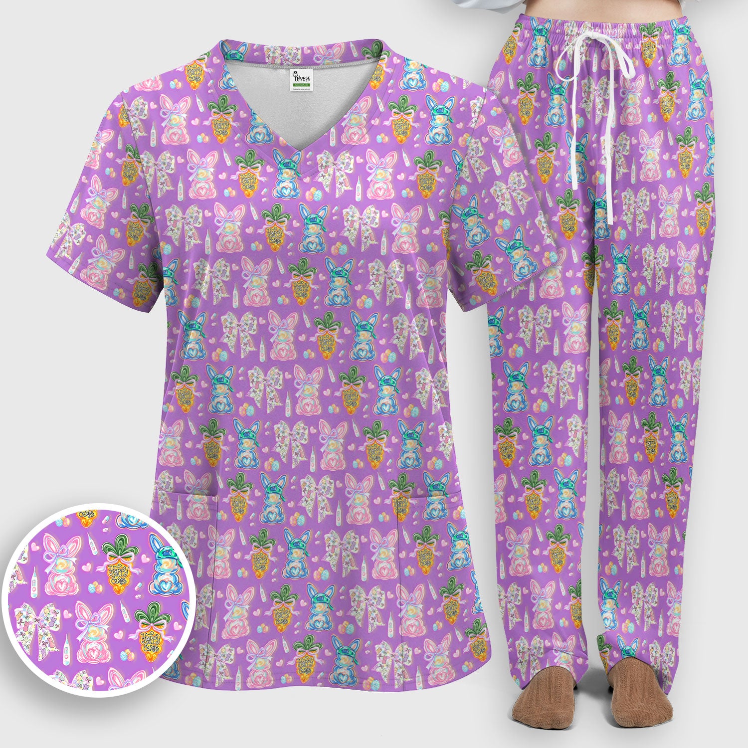 Easter Bunny Carrot Bow Floral Print Scrub Set, Breathable Med Uniform