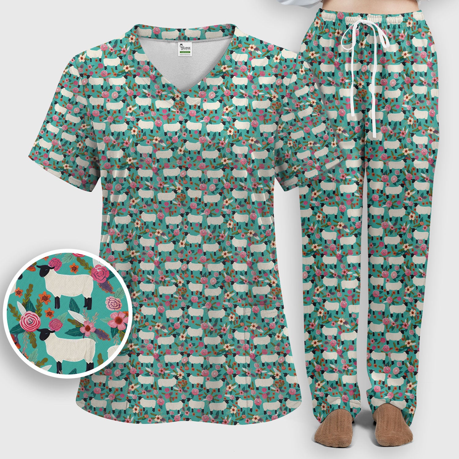 Cute Sheep Floral Meadow Pattern Scrub Set, Nurse Uniform Scrubs Set