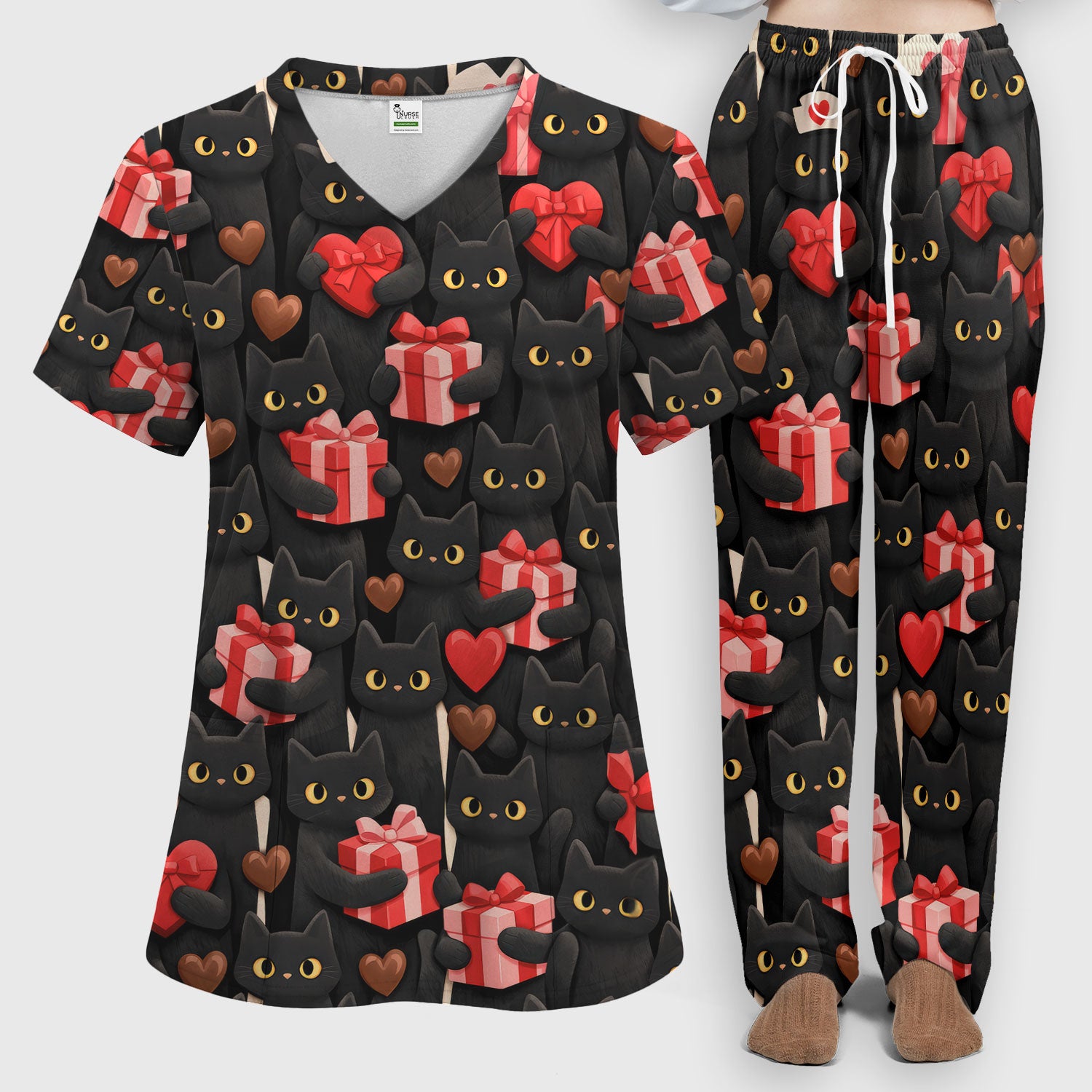Black Cat Valentine Nurse Scrub Set, Heart Pattern Medical Shirt, Breathable Fabrics Nursing Uniform