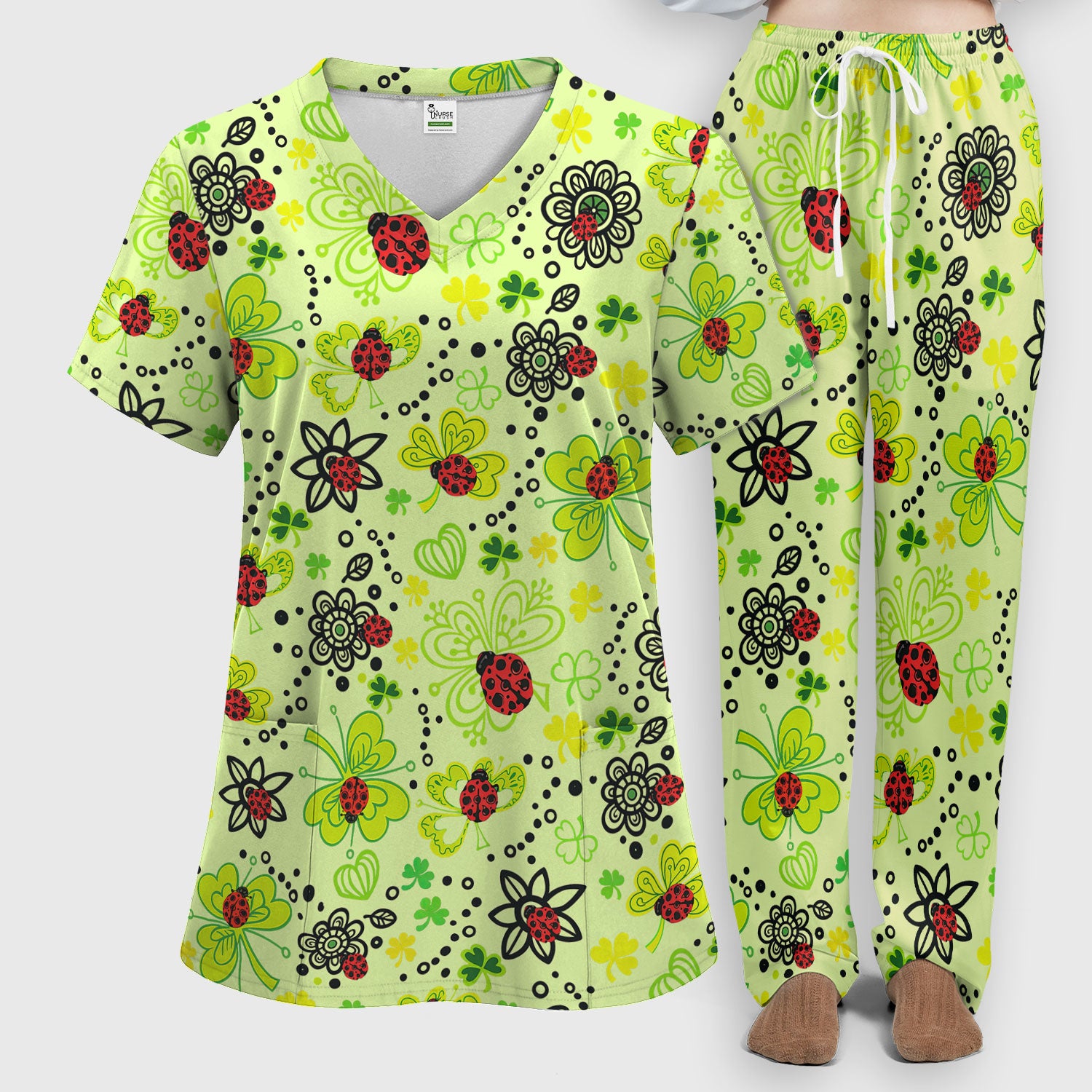 Ladybug Clover Floral Pattern Print Scrub Sets, Scrub Pants and V Neck Top