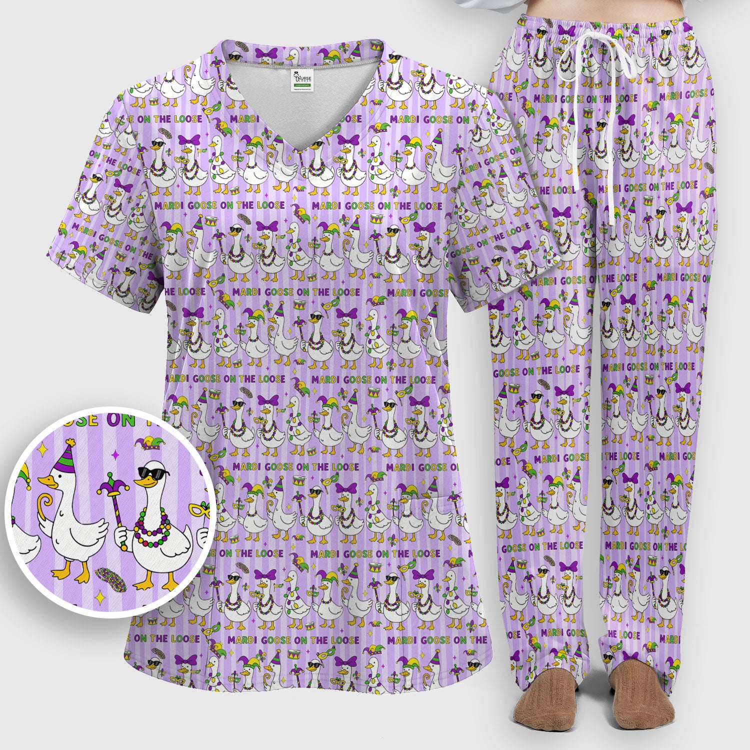 Mardi Gras Goose Nurse Scrub Set, Funny Carnival Medical Pattern Nurse Shirt, Breathable Fabrics Nursing Uniform