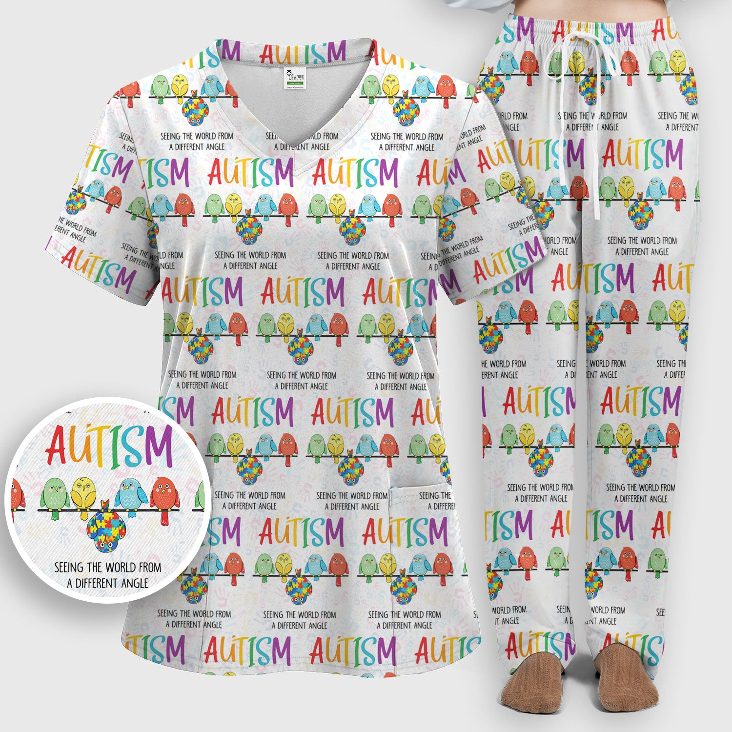Autism Seeing The World From A Different Angle Birds Scrub Set, Breathable Med Uniform
