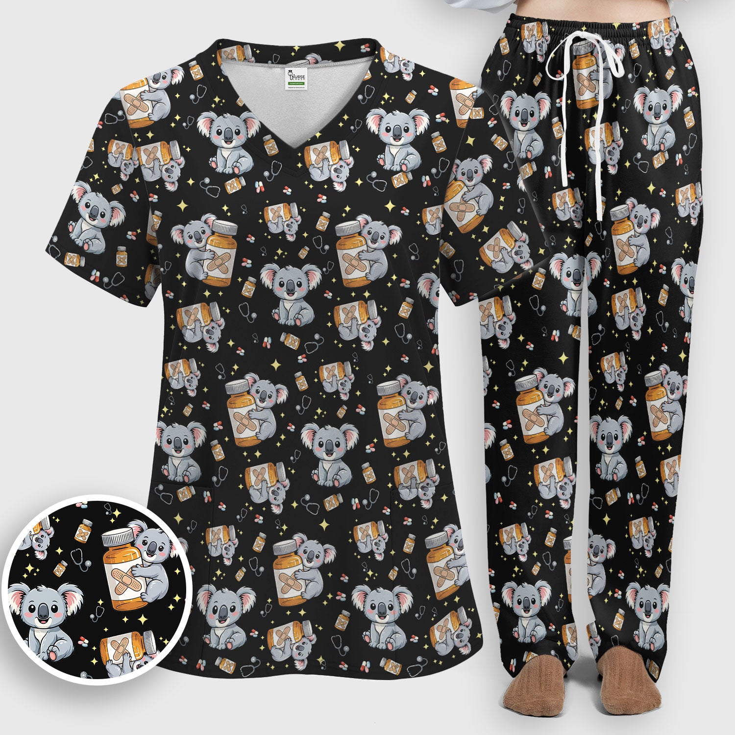 Cute Koala Nurse Bandage Medicine Print Scrub Set, Breathable Med Uniform