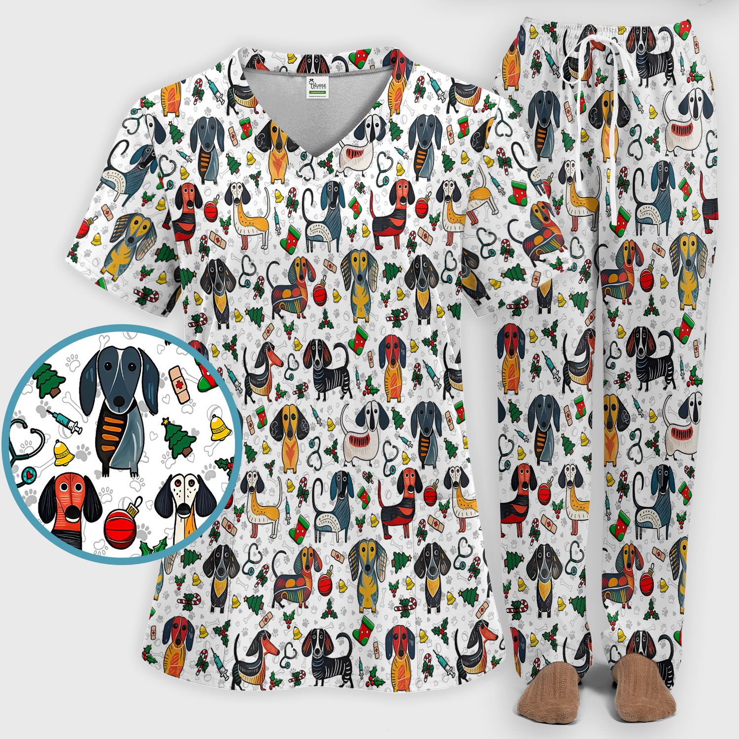 Dachshund Christmas Scrub Set - Cute Wiener Dog Pants and V Neck Top - Holiday Medical Uniform