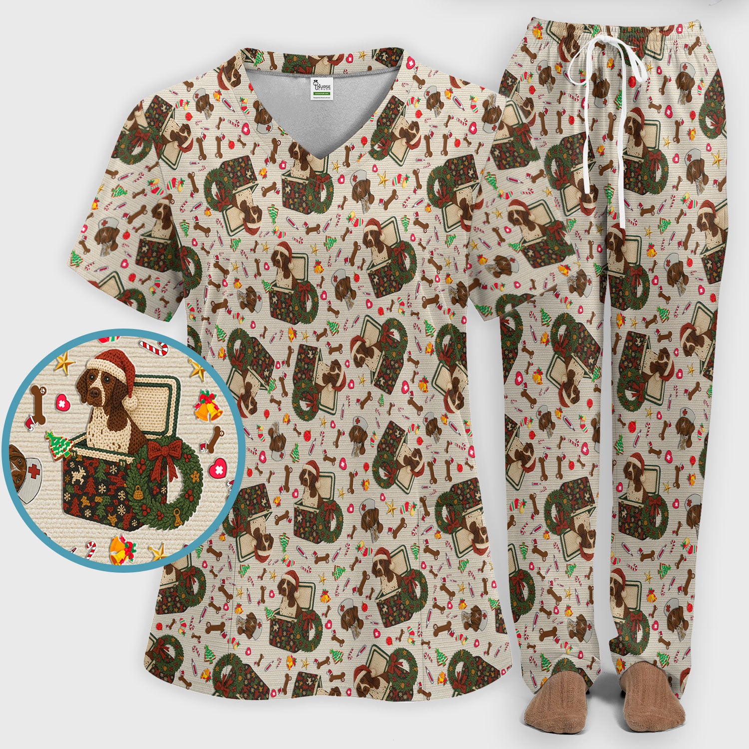 Funny Christmas Dog Scrub Set – Cute Pet Lover Holiday Pattern – Festive Medical Uniform for Nurses and Animal Care Workers