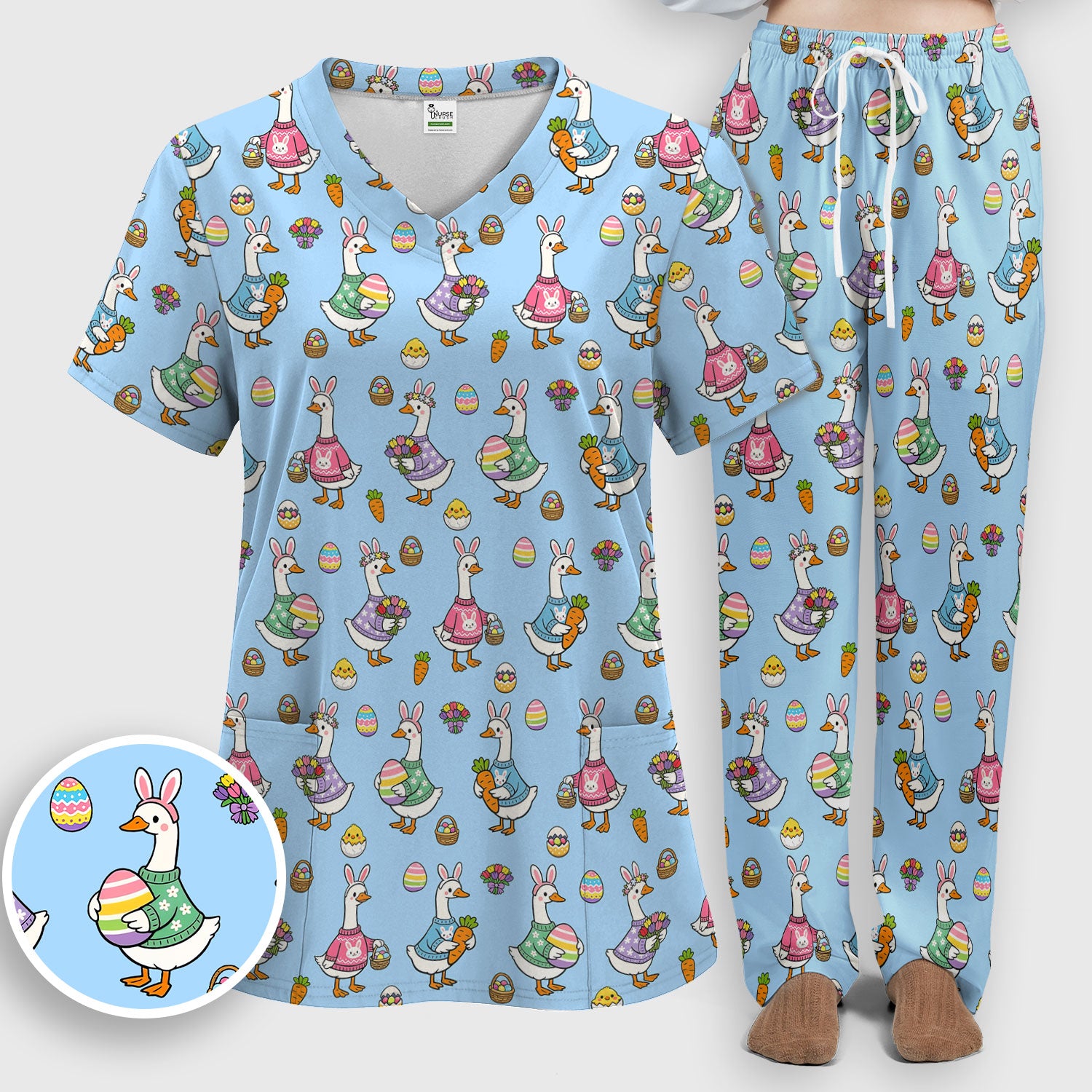 Cute Easter Goose Print Scrub Set, Breathable Med Uniform