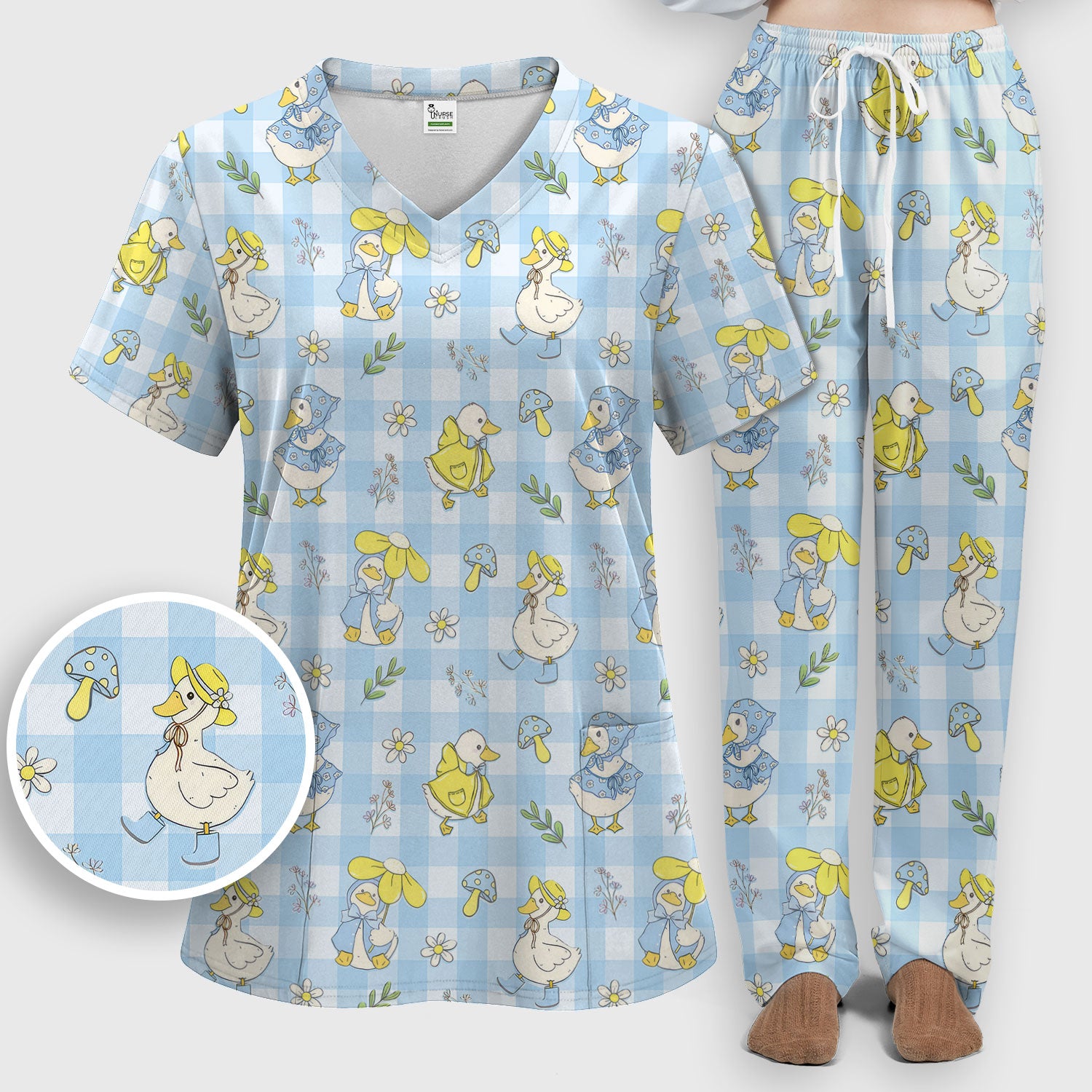 Cute Duck Outfit Gingham Pattern Scrub Set, Scrub Pants and V Neck Top