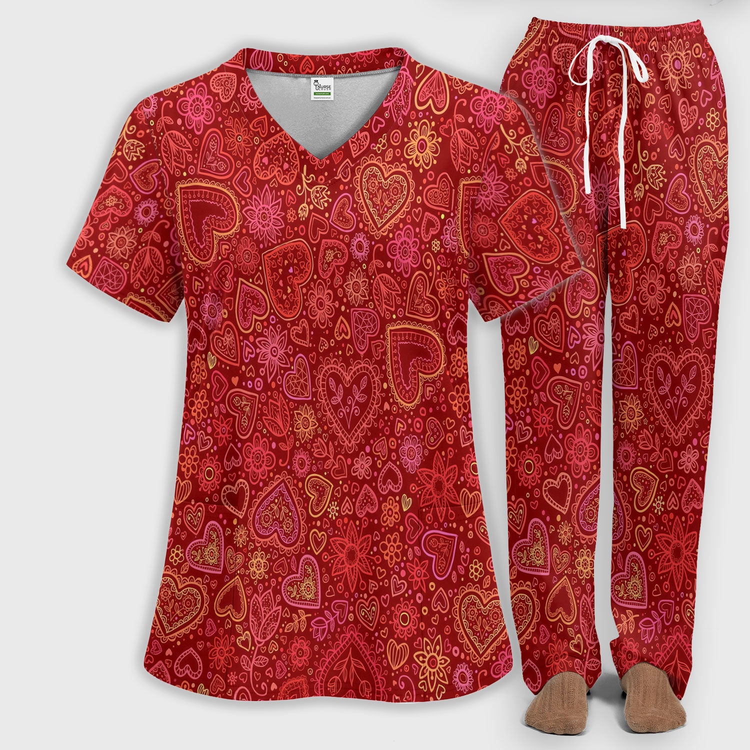 Valentine Heart Nurse Scrub Set, Cute Nursing Pattern Shirt, Breathable Fabrics Nursing Uniform