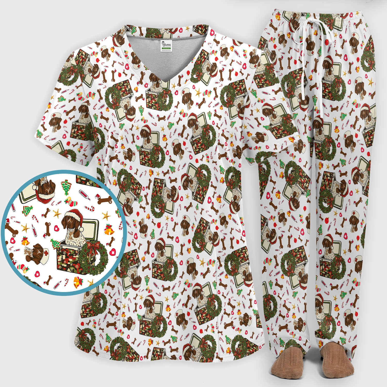Christmas Dachshund Scrub Set - Cute Sausage Dog Nursing Pants and V Neck Top - Funny Holiday Medical Uniform