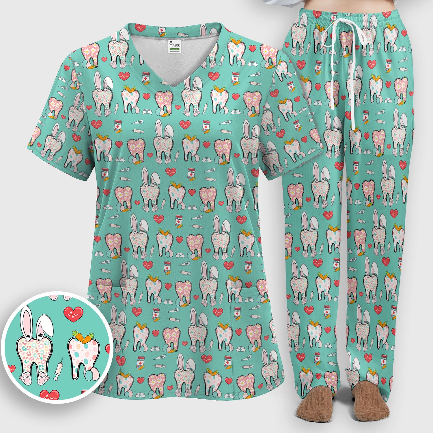Playful Bunny Dentist Illustration Medical Set, Scrub Pants and V Neck Top