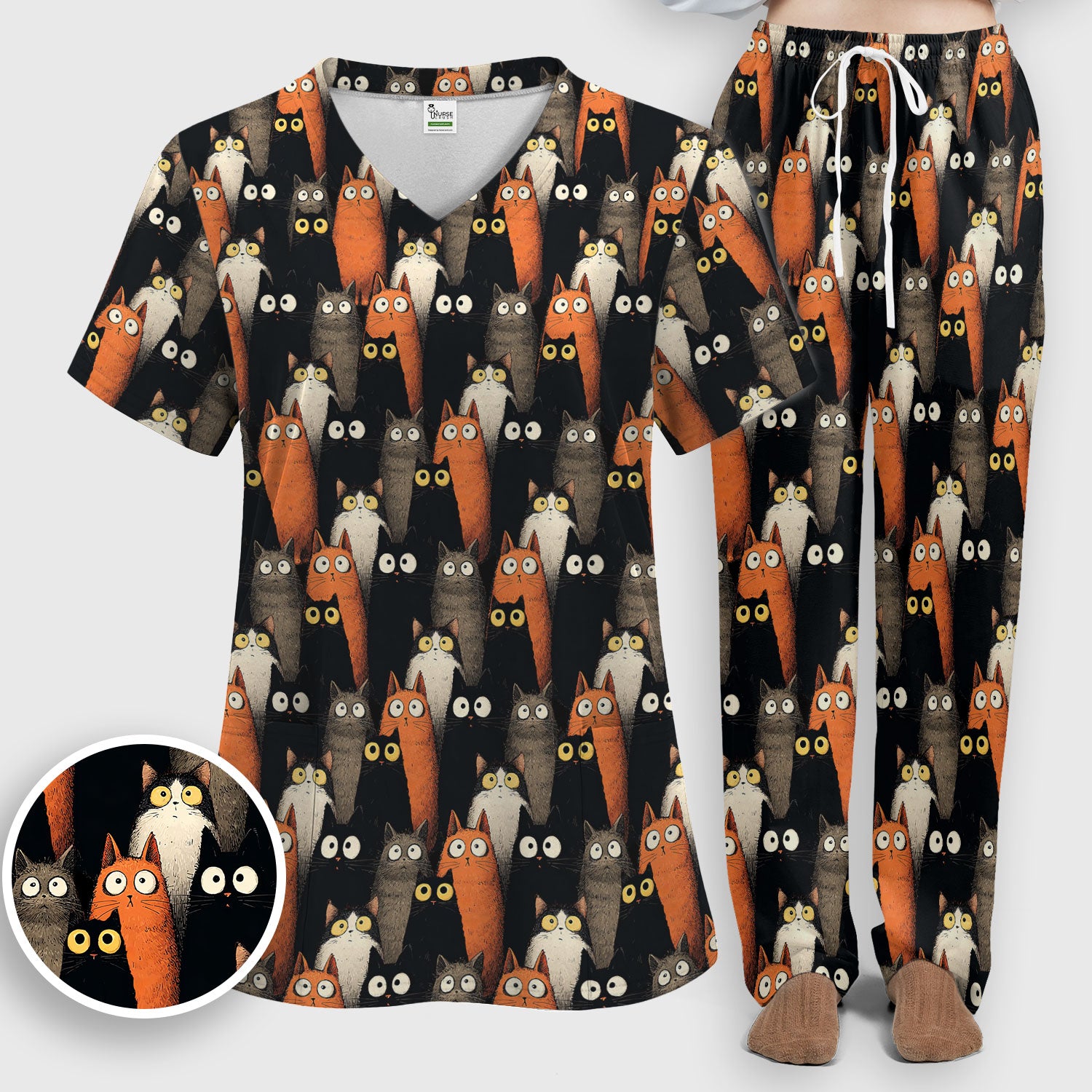 Black Cat Pattern Nurse Scrub Set, Cat Lover Nurse Shirt, Breathable Fabrics Nursing Uniform