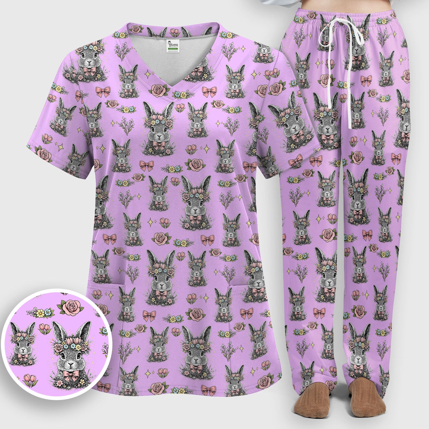 Vintage Floral Bunny Print Scrub Set, Scrub Pants and V Neck Top