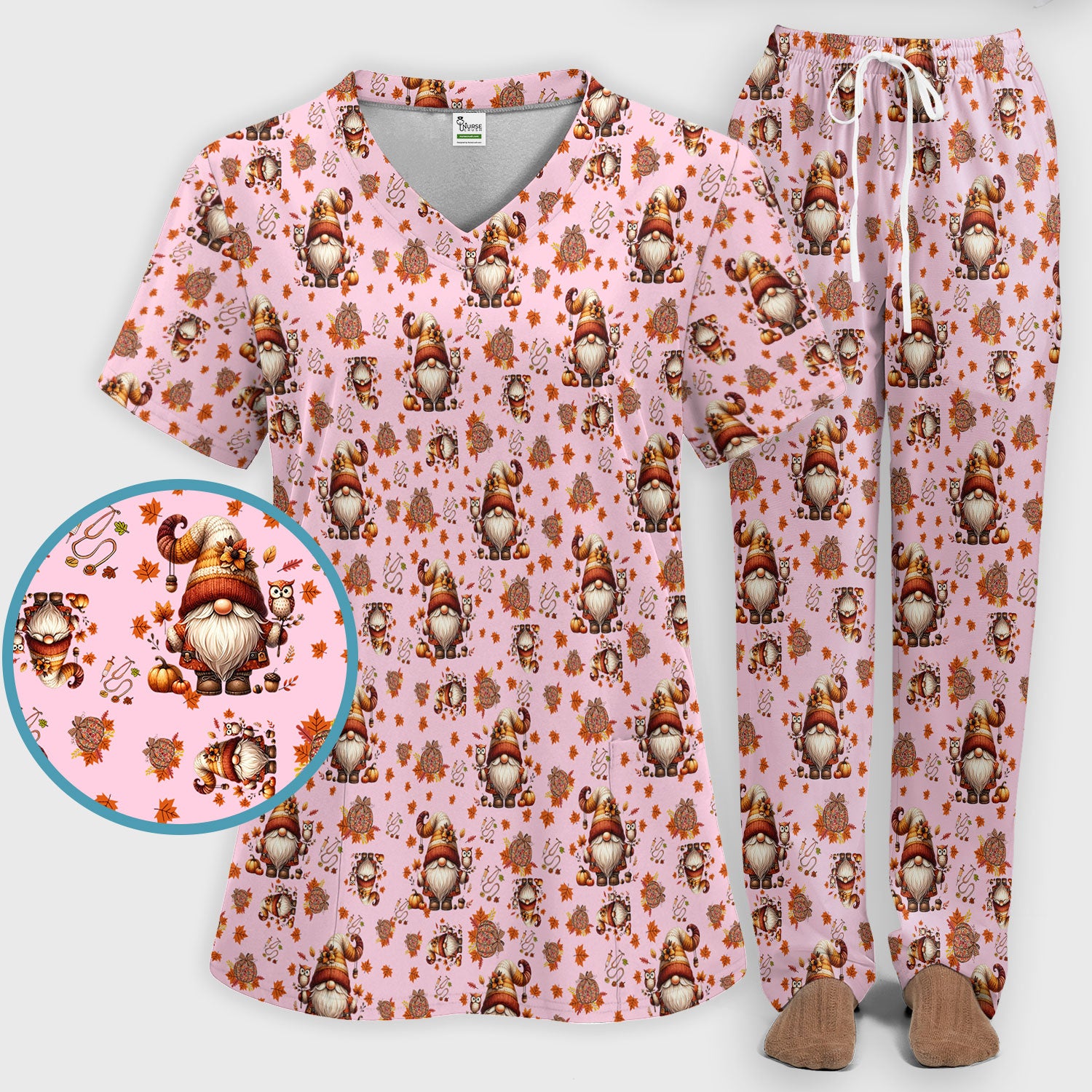Autumn Leaves Pumpkin Scrubs Set for Women - Gnome Scrubs for Nurse Mama - Breathable Fabrics Nursing Uniform