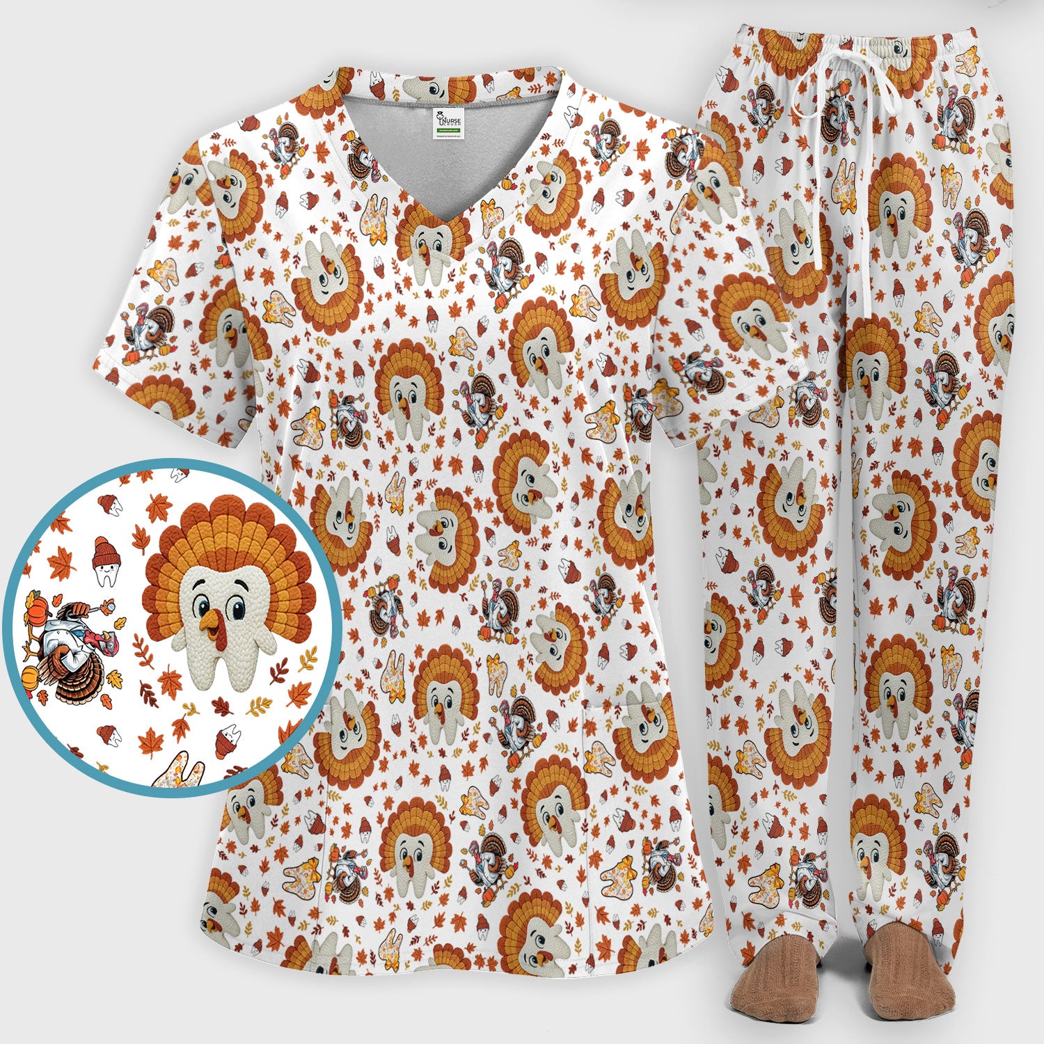Funny Thanksgiving Tooth Scrub Set - Cute Turkey Dental Scrubs Pants and V Neck Top - Fall Medical Uniform for Hygienists & Nurses
