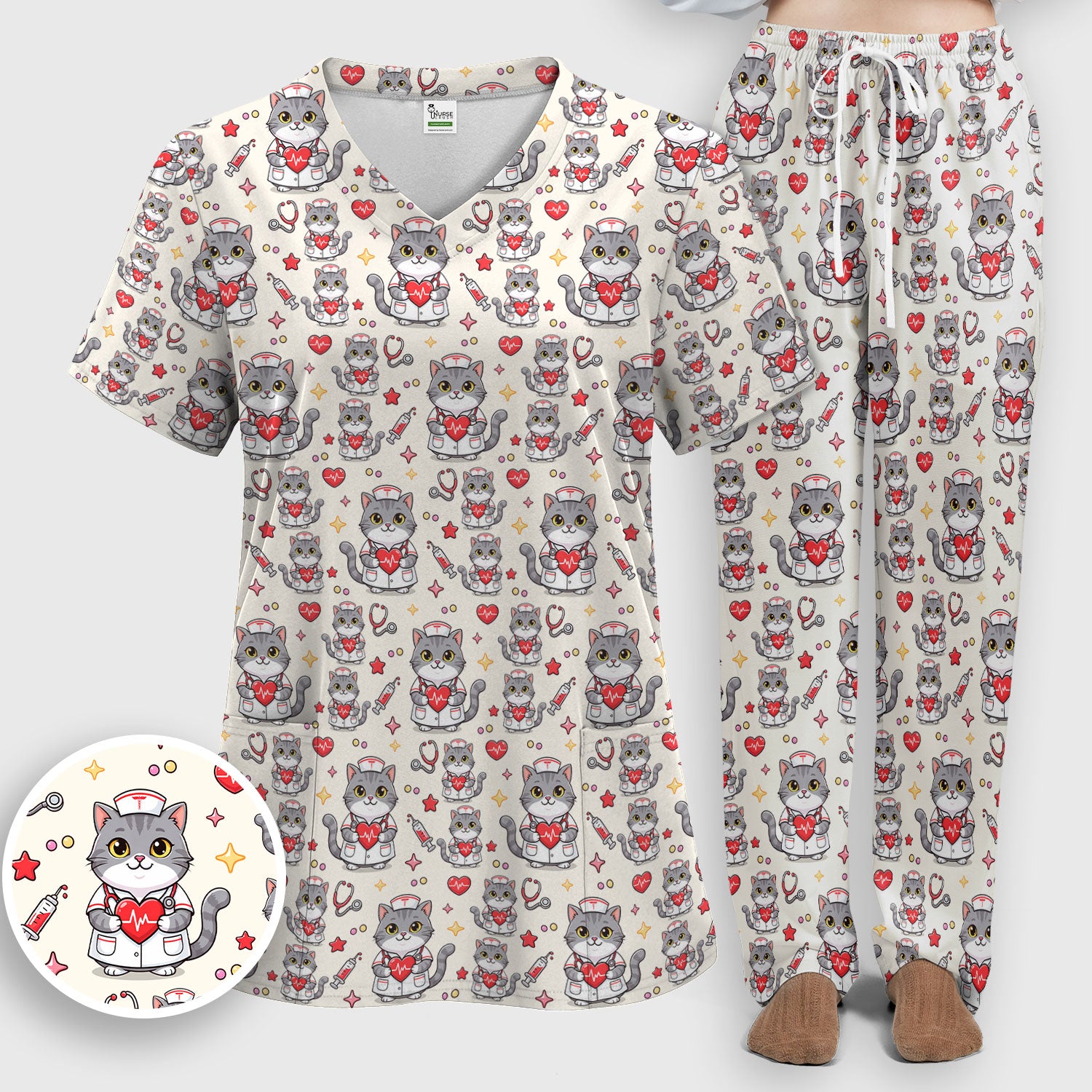 Cute Nurse Cat Heart Medical Print Scrub Set, Scrub Pants and V Neck Top