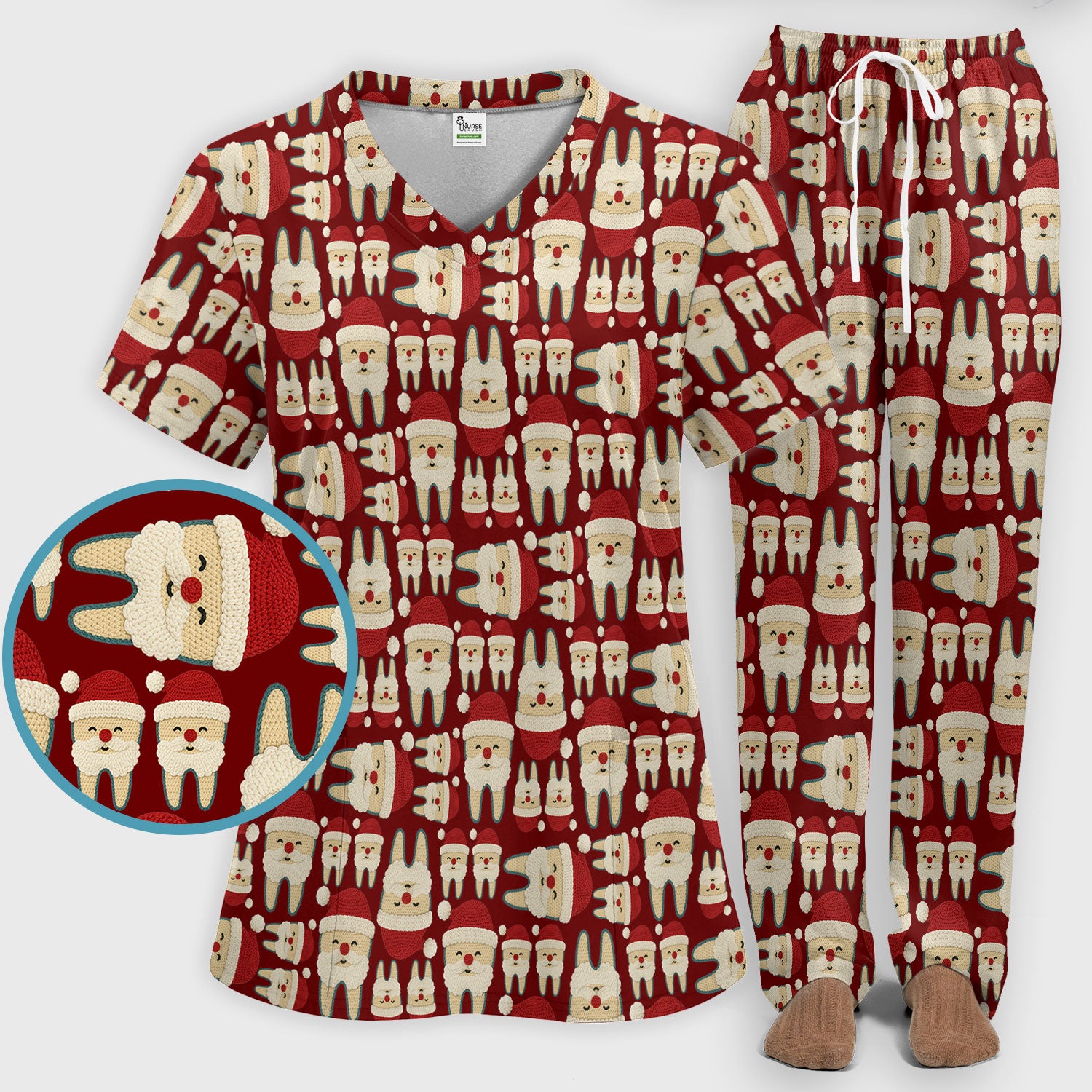 Christmas Tooth Scrub Set - Cute Santa Tooth Pattern for Dentists & Hygienists - Crochet Style Holiday Medical Uniform for Women