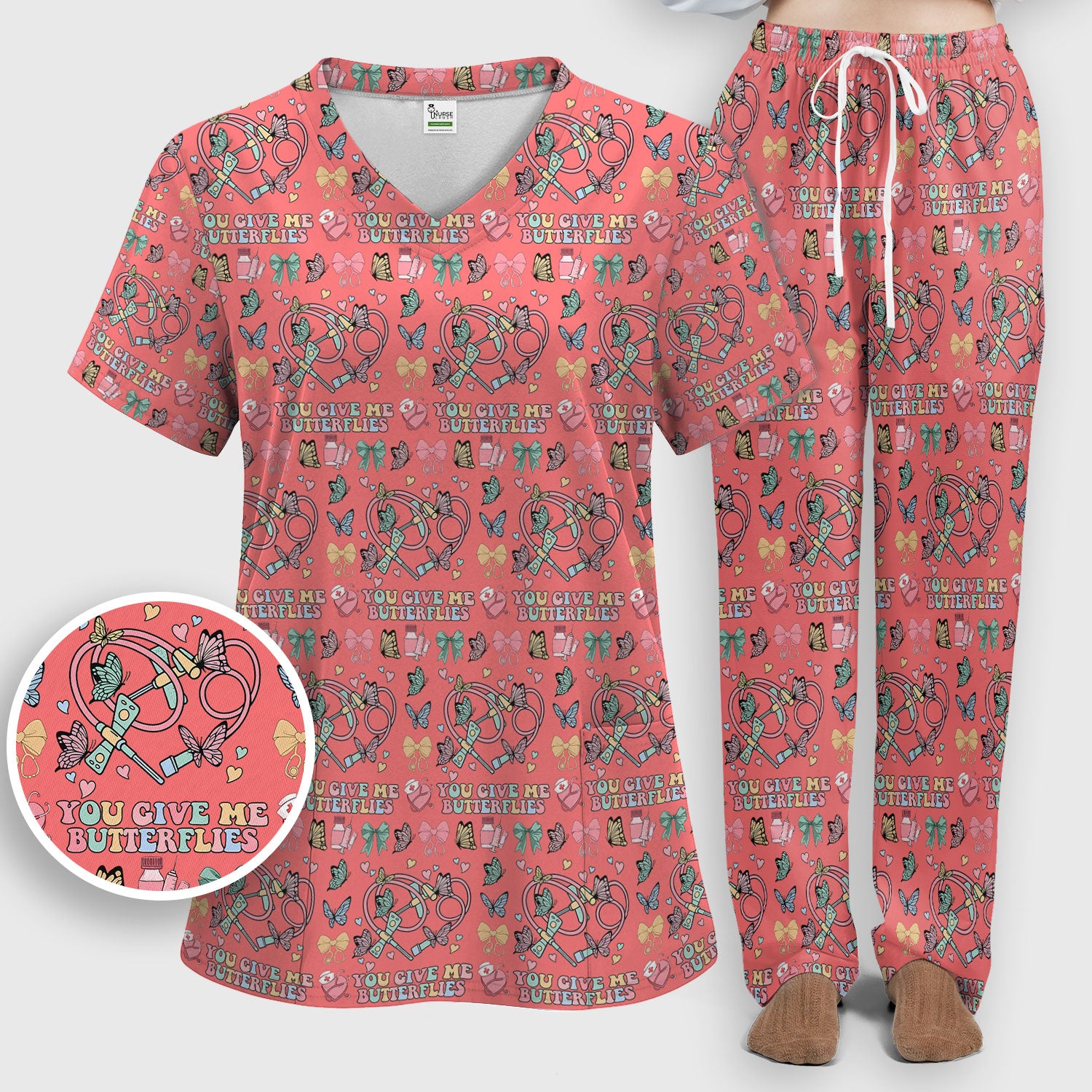 Butterfly Heart Valentine Medical Pattern Scrub, Women's Scrub Sets