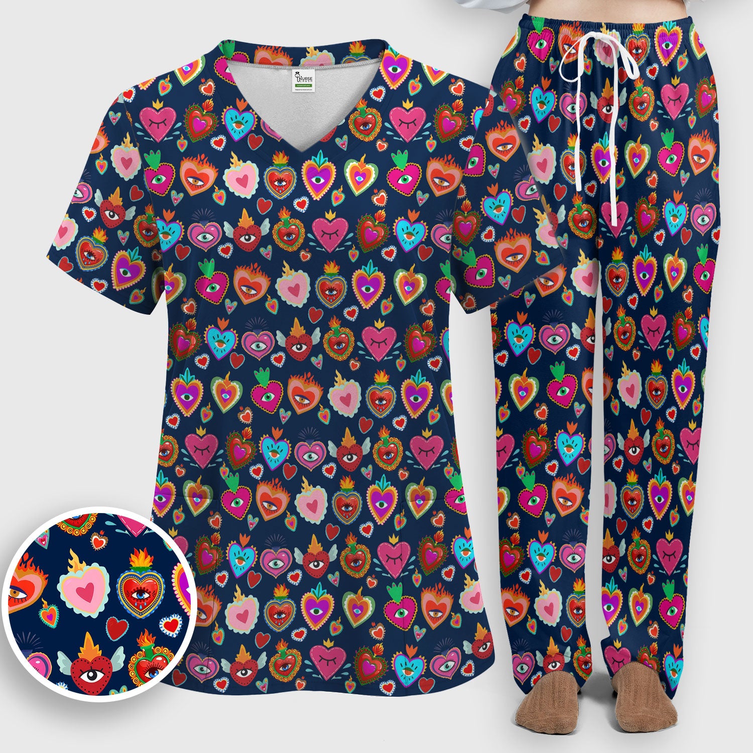 Valentine Colorful Sacred Heart Print Women's Scrub Set, Scrub Pants and V Neck Top