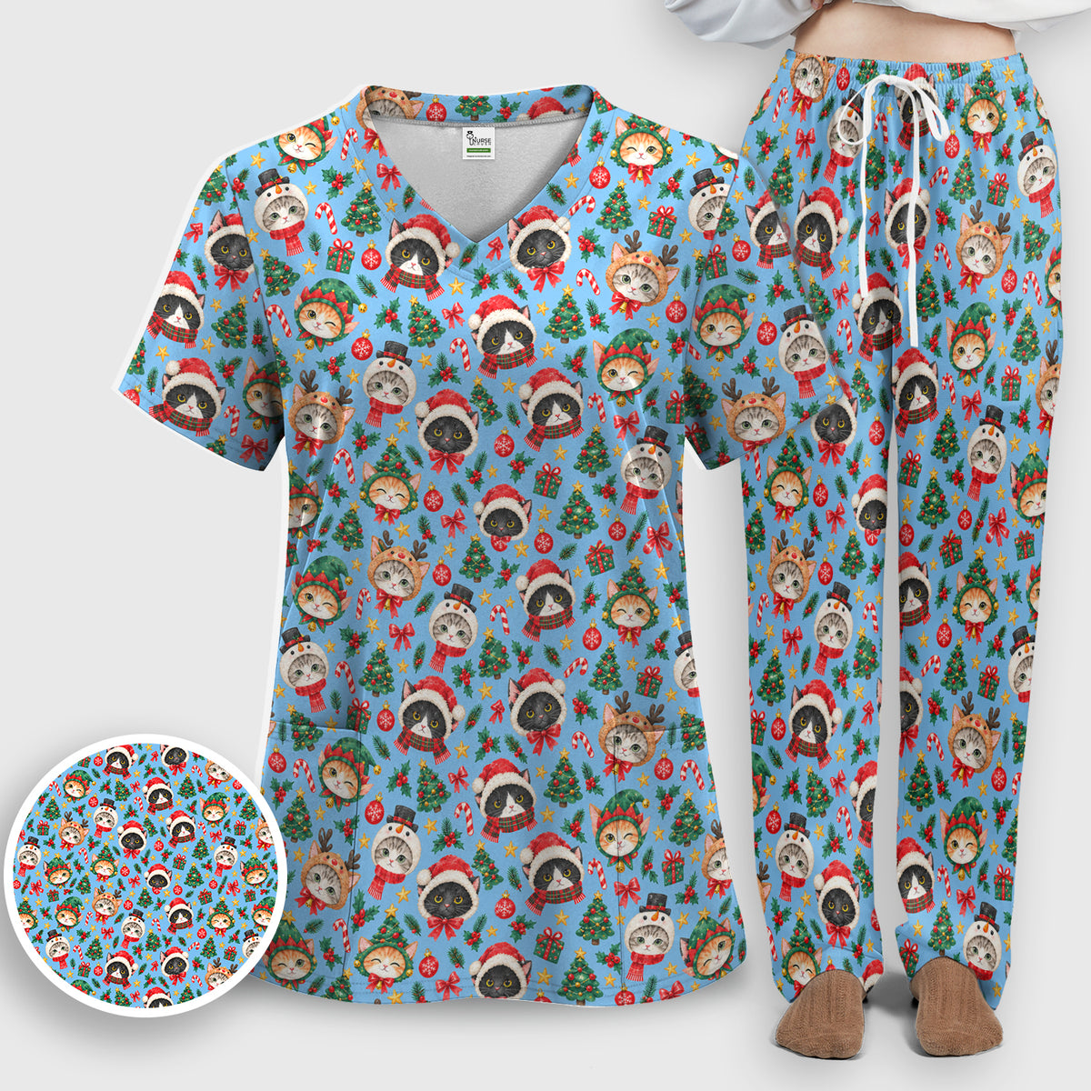 Christmas Cats And Trees Pattern Scrub Set, Scrub Pants and V Neck Top