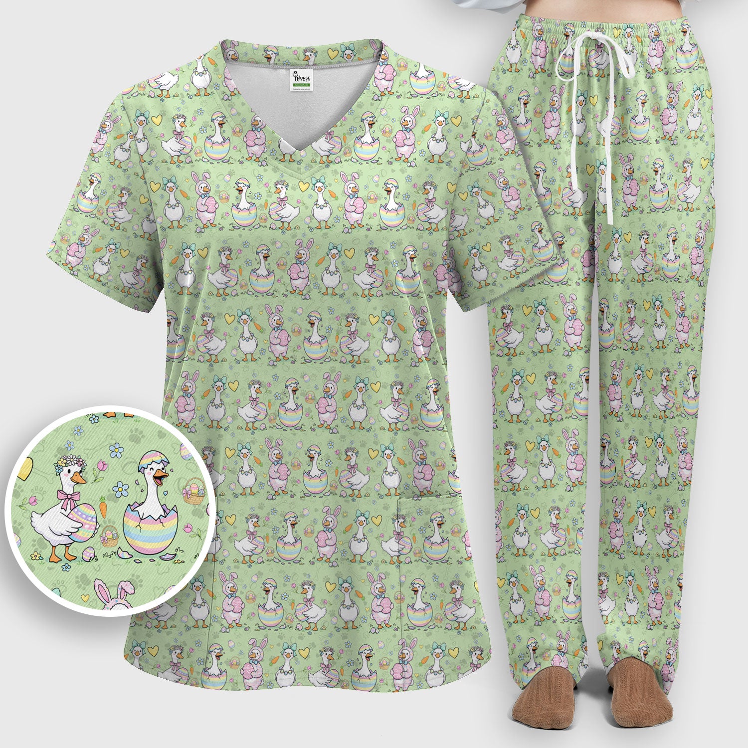 Spring Easter Goose and Bunny Print Scrub Set, Breathable Med Uniform