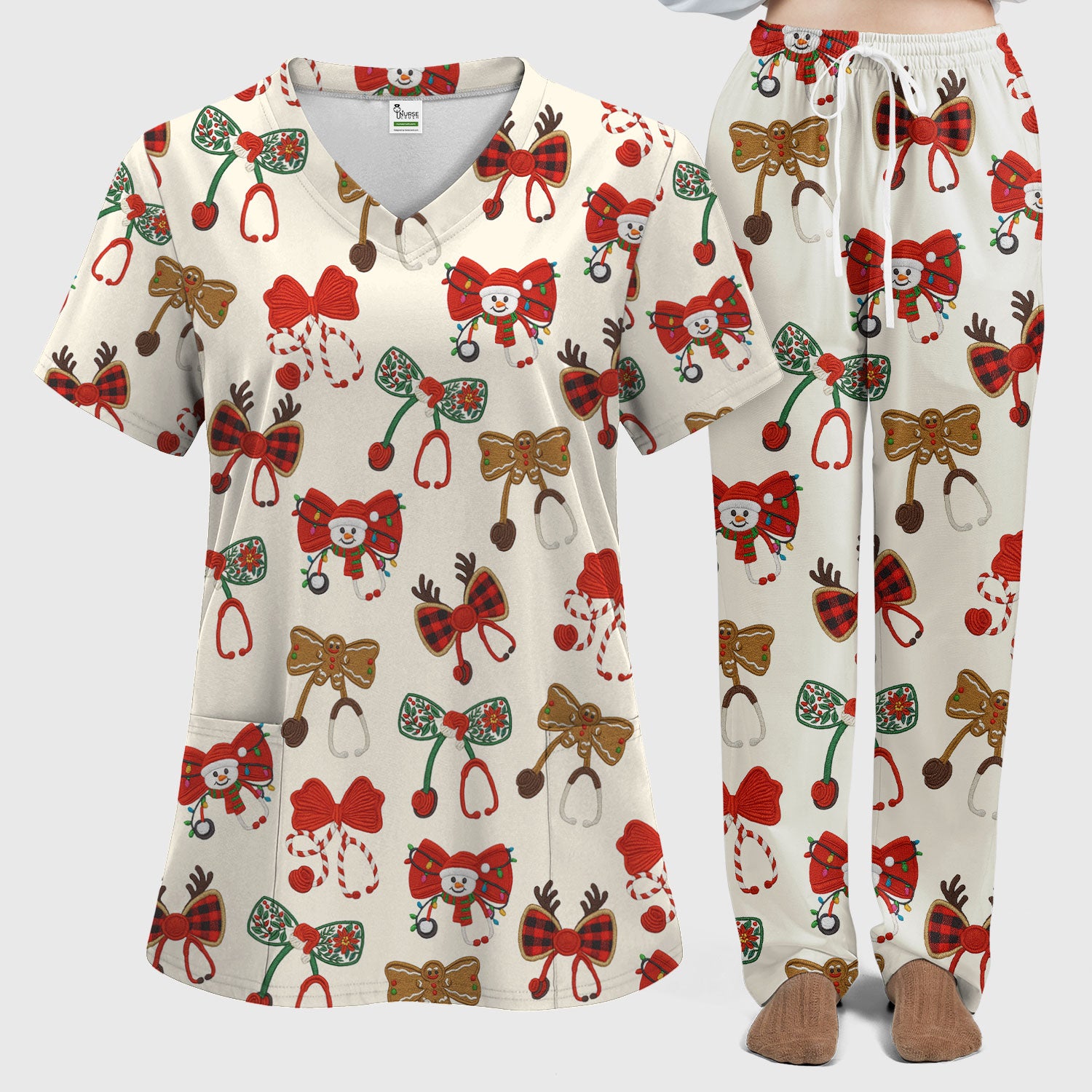Christmas Stethoscope Bow Nurse Scrub Set, Xmas Pattern Scrub Shirt, Holiday Nursing Uniform
