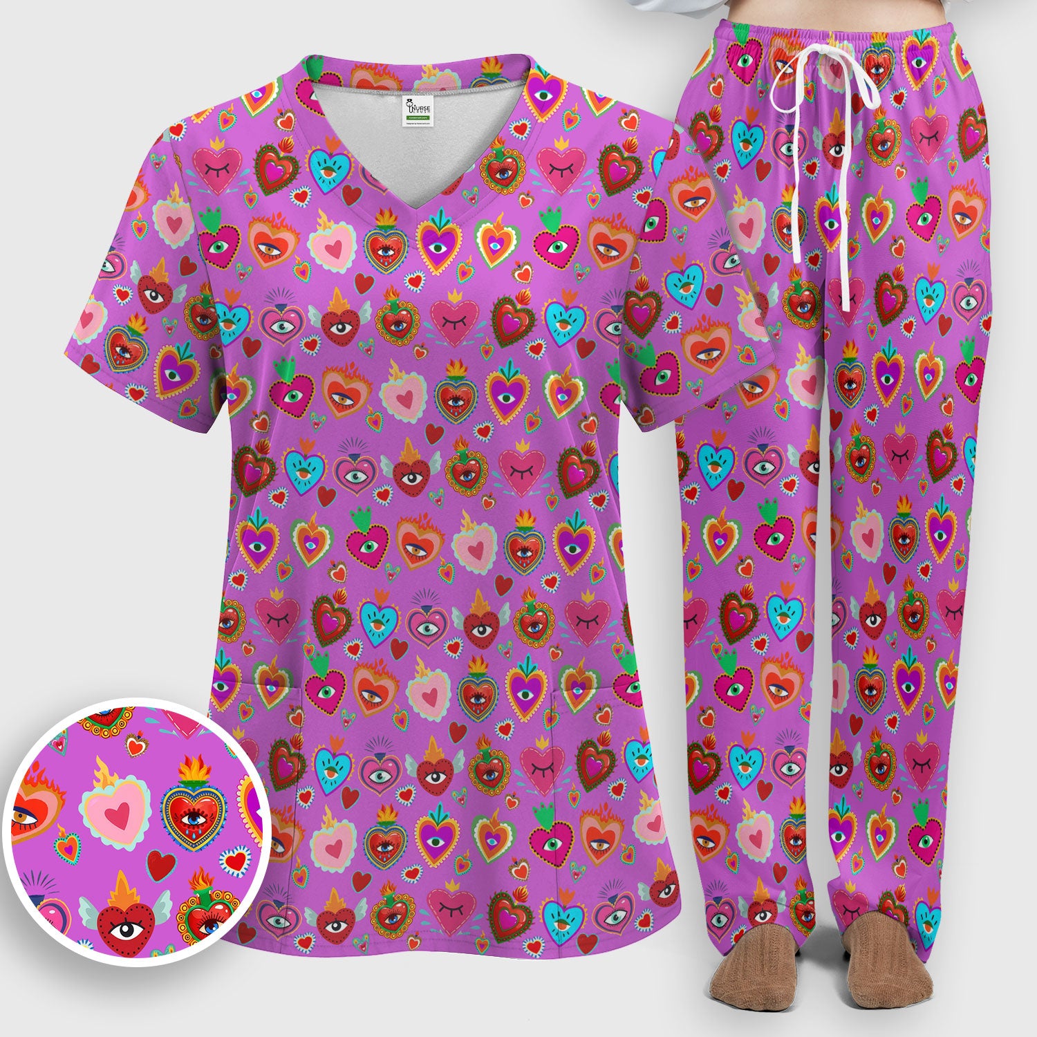 Valentine Colorful Sacred Heart Print Women's Scrub Set, Scrub Pants and V Neck Top