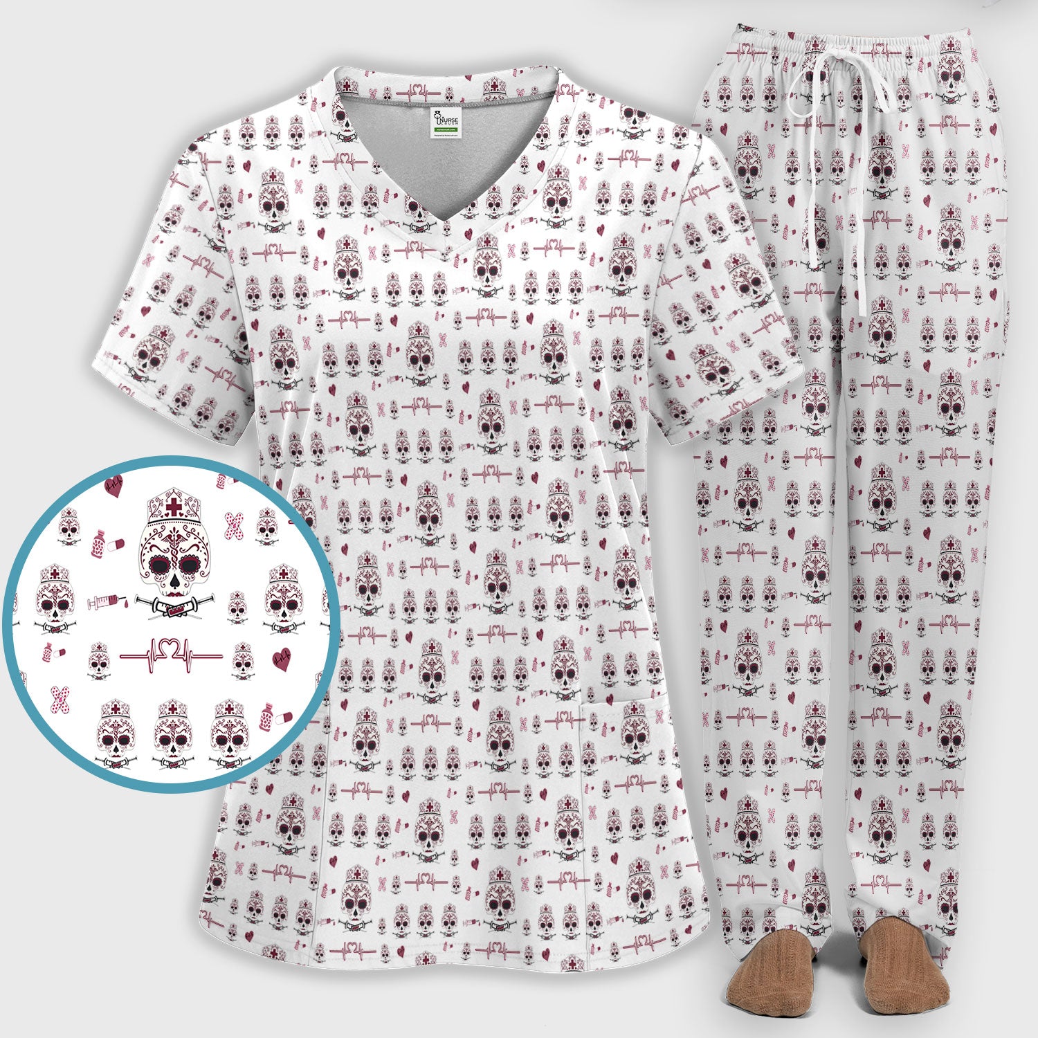 Sugar Skull Scrub Set, Skull Pattern Scrub Shirt, Breathable Fabrics Nursing Uniform