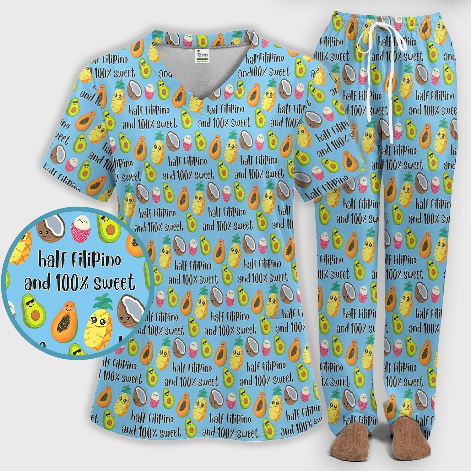 Playful Avocado Fruit Print Filipino Quote Scrub Set, Breathable Med Uniform