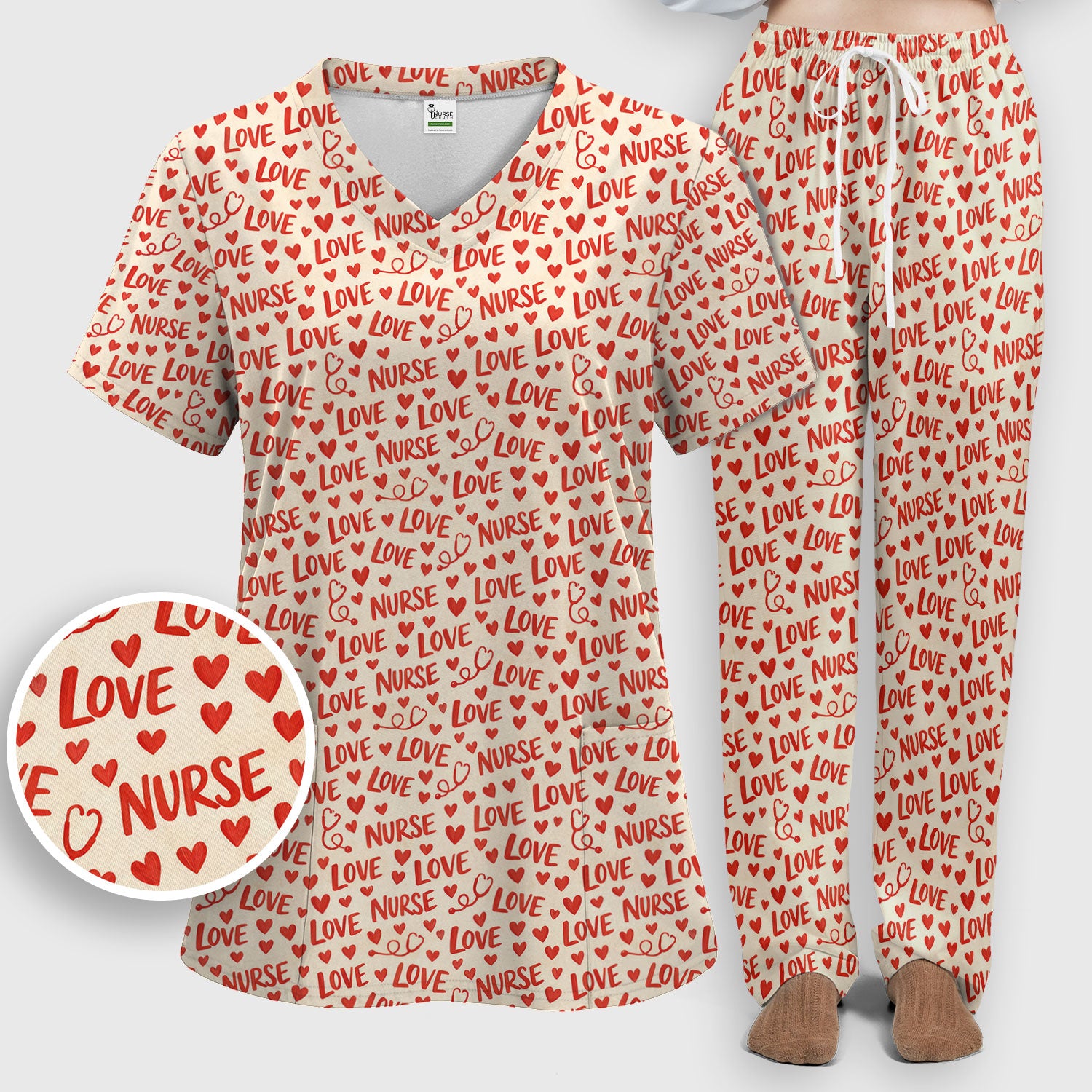 Valentine Pattern Scrub Set, Love Heart Medical Nurse Scrub Shirt, Breathable Fabrics Nursing Uniform