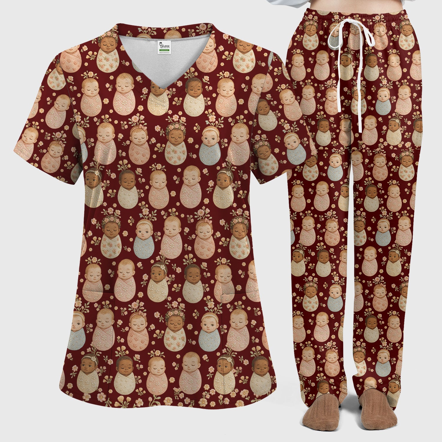 Sweet Newborn Baby Floral Print Women's Scrub Set, Breathable Med Uniform