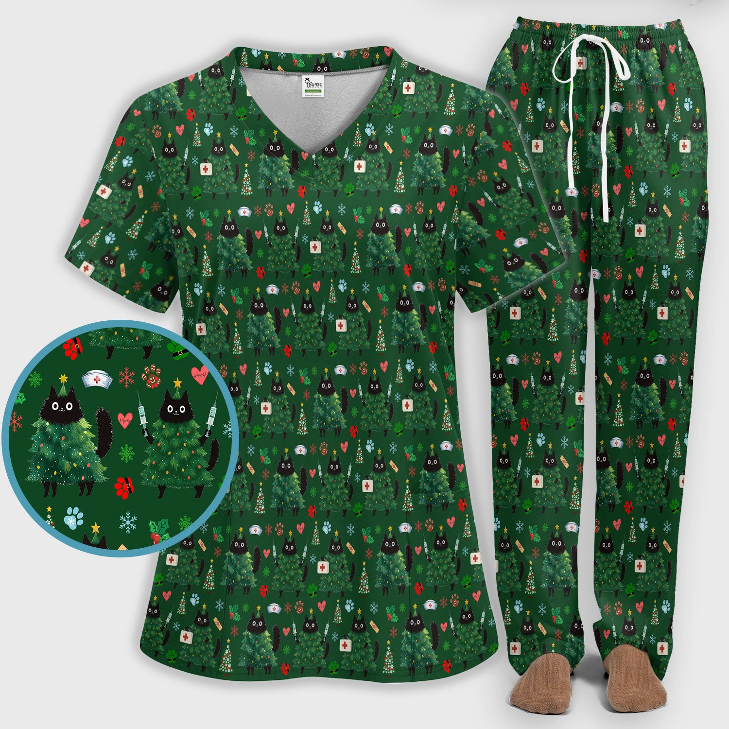 Christmas Nurse Scrub Set, Xmas Black Cat Pattern Nurse Shirt,  Breathable Fabrics Nursing Uniform
