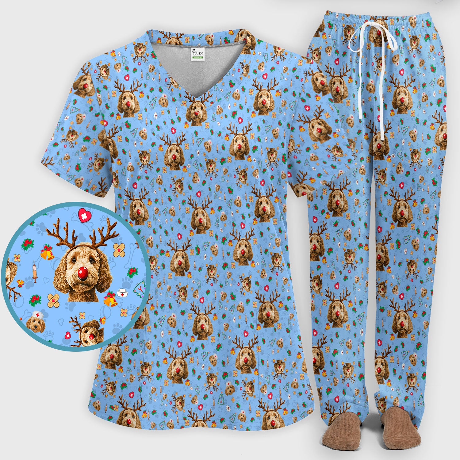 Christmas Labradoodle Scrub Set - Funny Reindeer Dog Nurse Pants and V Neck Top - Cute Holiday Medical Uniform