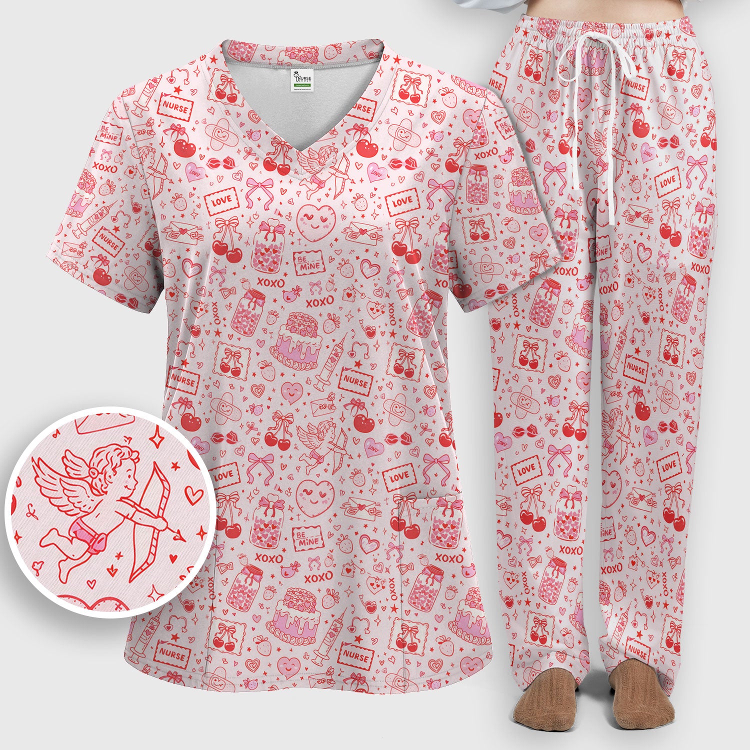 Valentine Pink XOXO Pattern Nurse Scrub Set, Comfortable Uniform Scrubs For Nursing