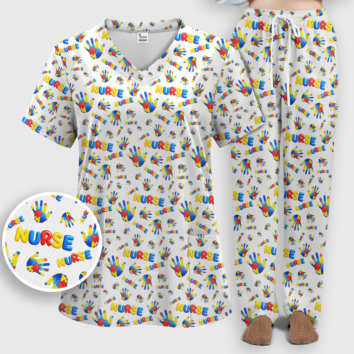 Colorful Autism Handprint Nurse Pattern Scrubs Set, Scrub Pants and V Neck Top