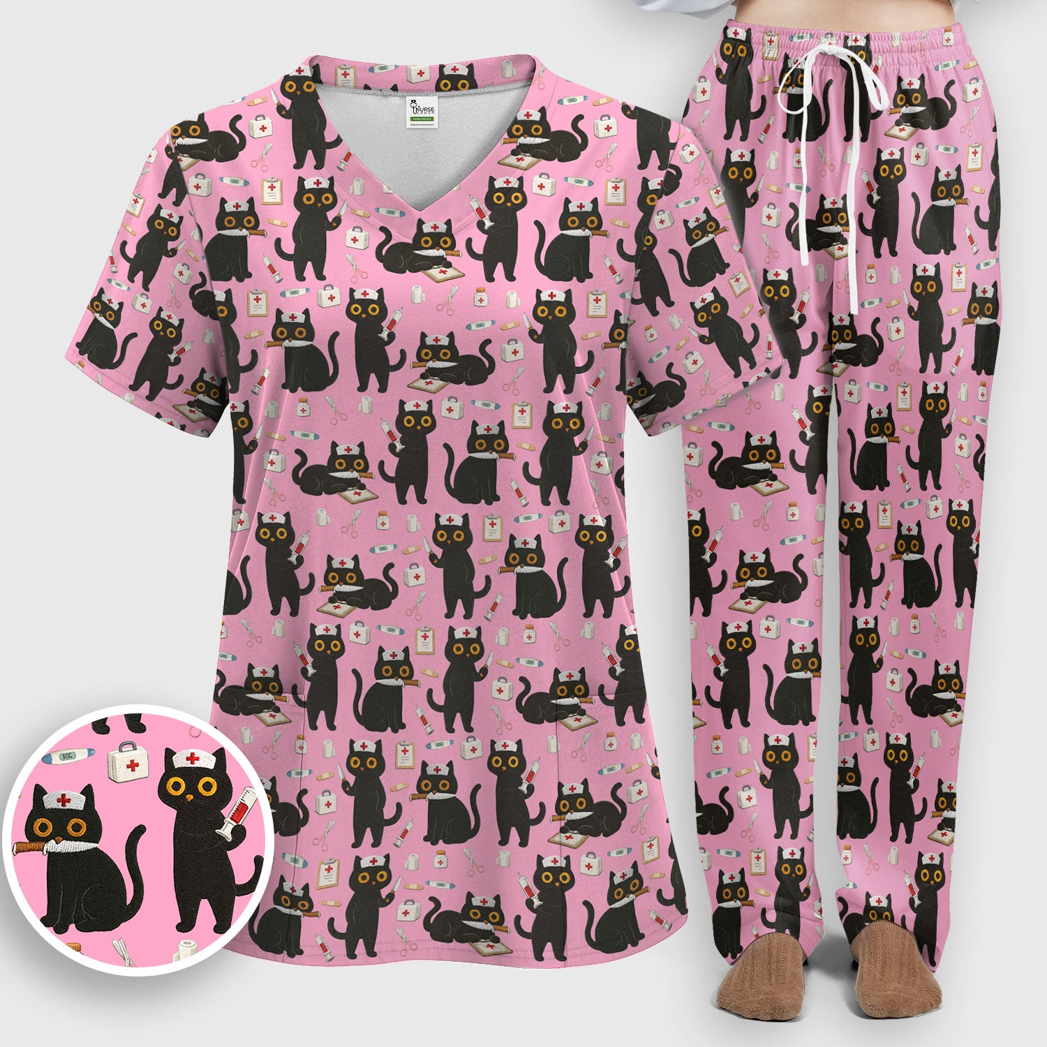 Cute Black Cat Nurse Pattern Women's Scrub Set, Breathable Med Uniform